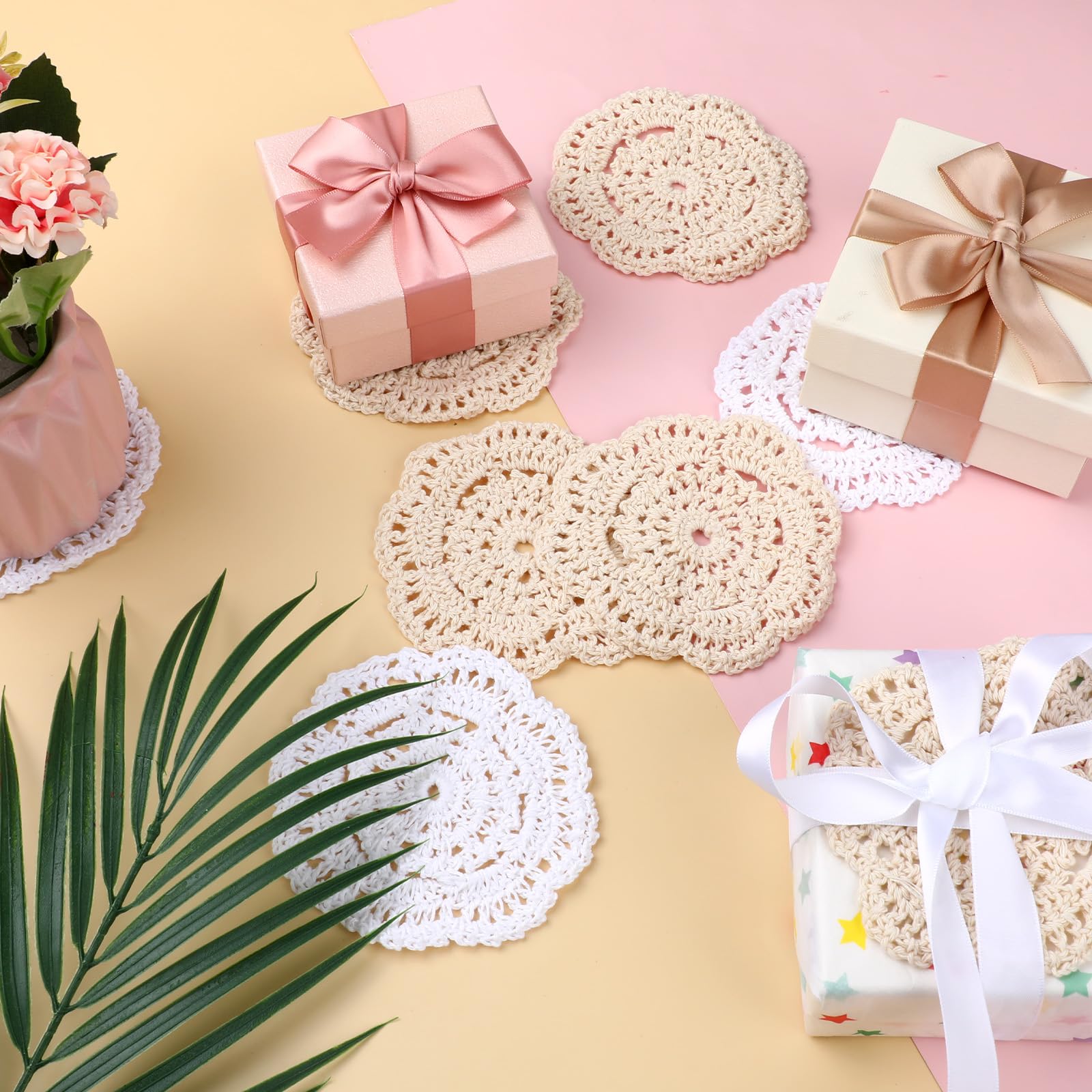 12 PCS Small Lace Doilies Crochet Doilies for Cups Coasters 4 Inch Handmade Crochet Cotton Coaster Small Vintage Cloth Lace Placemats Lace Fabric Coasters for Table (White/Beige)