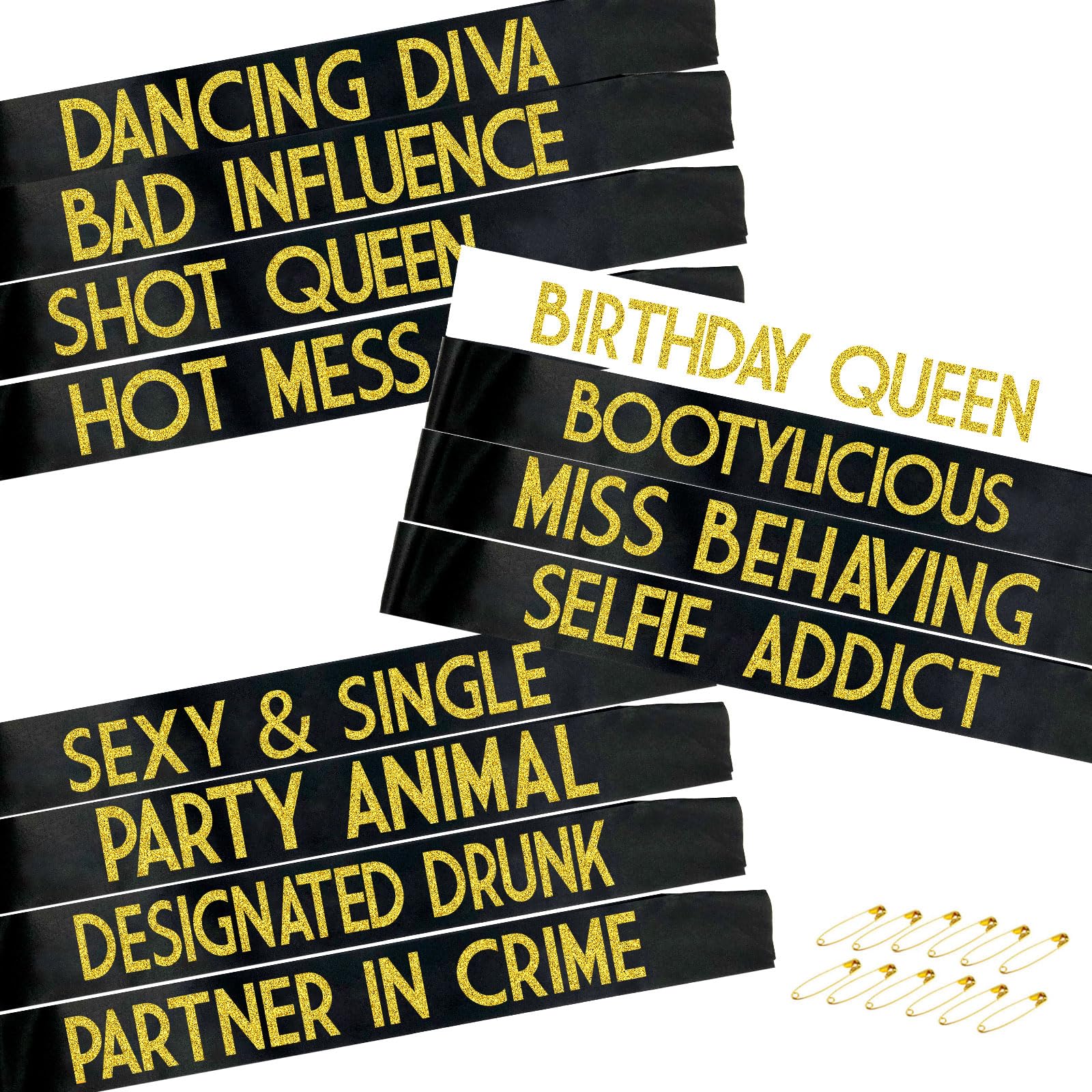 View 1 of 12 Pack Queen Sashes for Women - Birthday Squad Sash Set, Funny Gifts Sashes for Women's Birthday Party Supplies (Black + White + Gold Glitter Letters)
