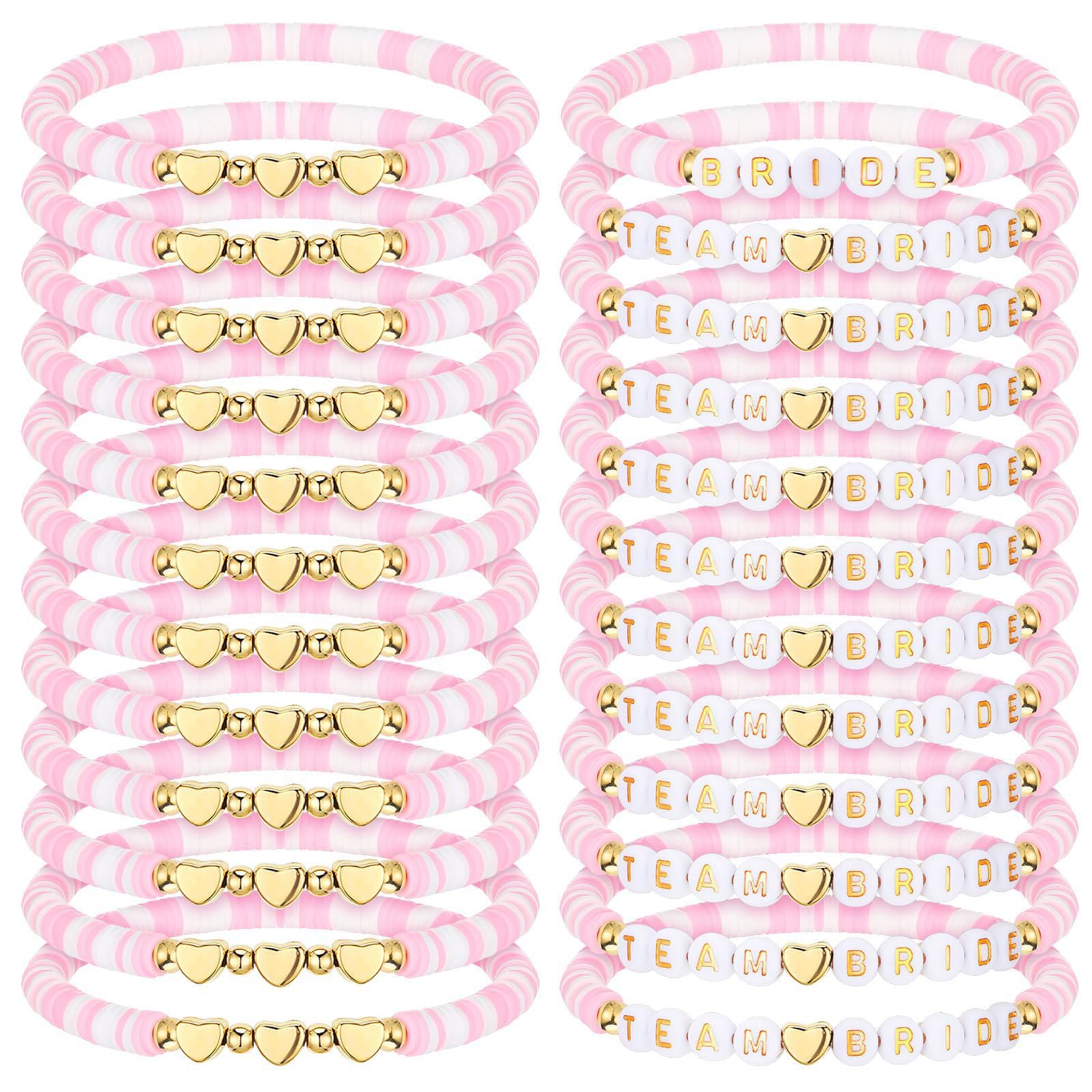 InteDesign 24PCS Team Bride Bracelets, Hen Party Soft Pottery Bracelets Kit, Bridesmaid Team Bride Gift for Wedding Bachelorette Party Bridal Shower Supplies (Pink)