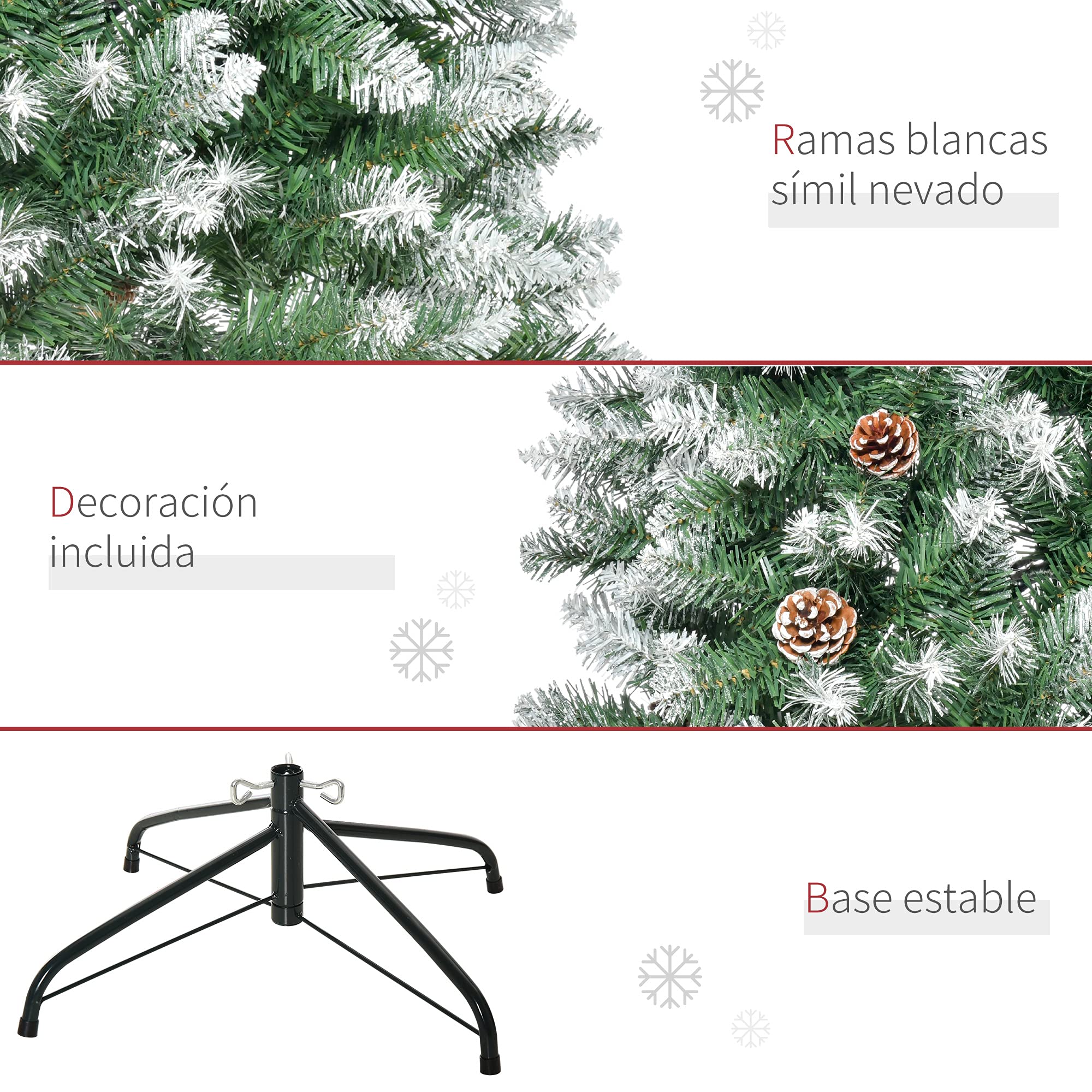 HOMCOM Árbol de Navidad 180 cm Árbol de Navidad Grande con 630 Puntas 37 Piñas Base Plegable y Soporte de Acero para Decoración de Interior Verde
