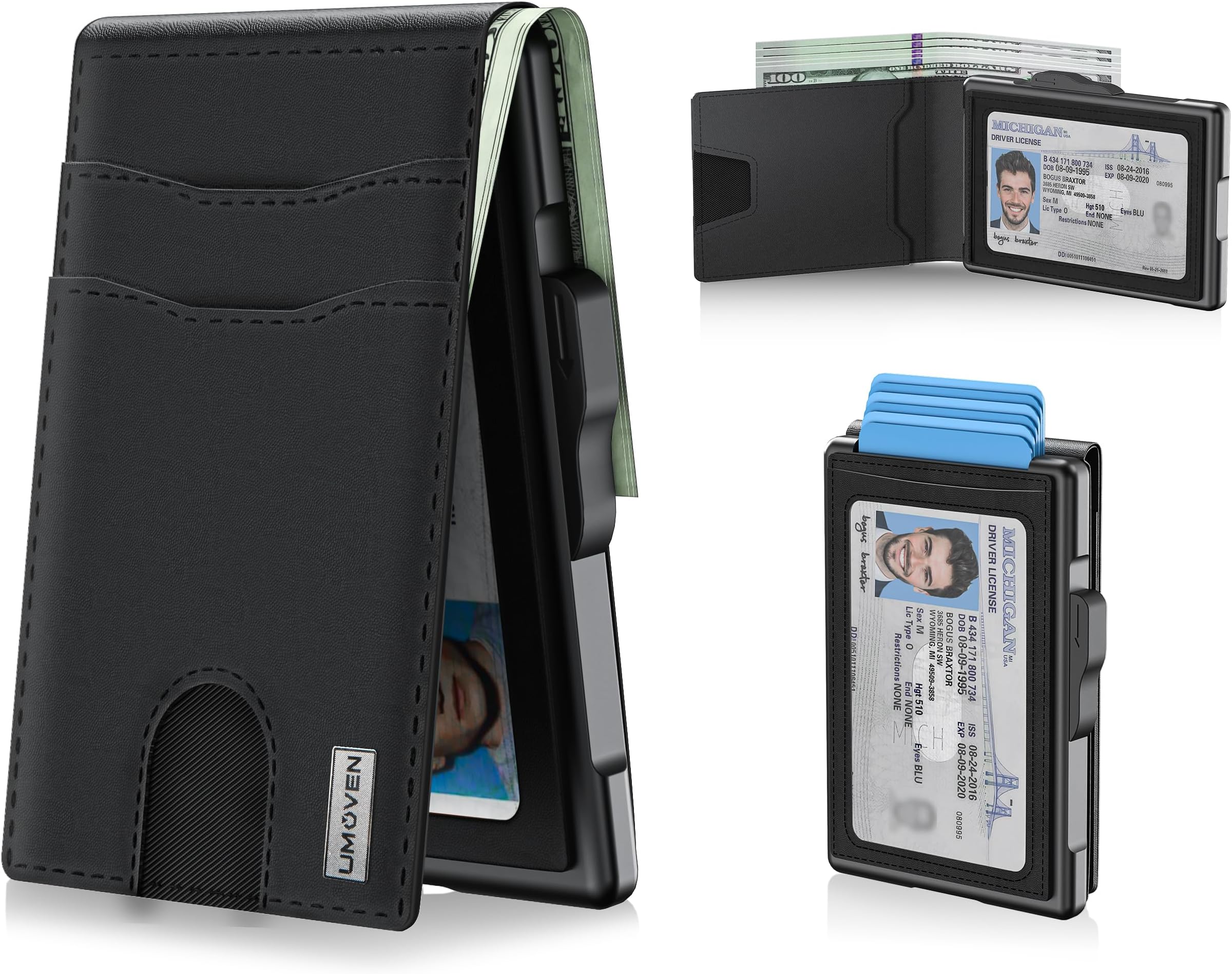 Wallet for Men - Pop Up Case, Cash Slot, and Credit Card Slot - Slim Aluminum Wallet with RFID Blocking, Minimalist Leather Wallet Front Pocket with ID Window, Gift Box (Dark black)