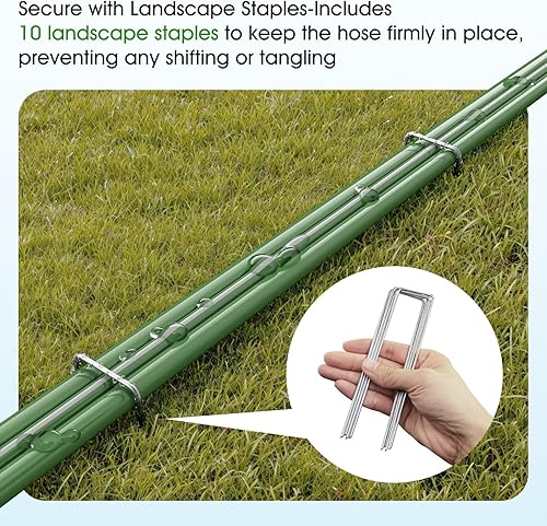 Miniatura 4 de Manguera de remojo de jardín de 50 pies con 10 estacas, manguera de agua plana duradera para césped, jardines y macizos de flores, tubo de riego a
