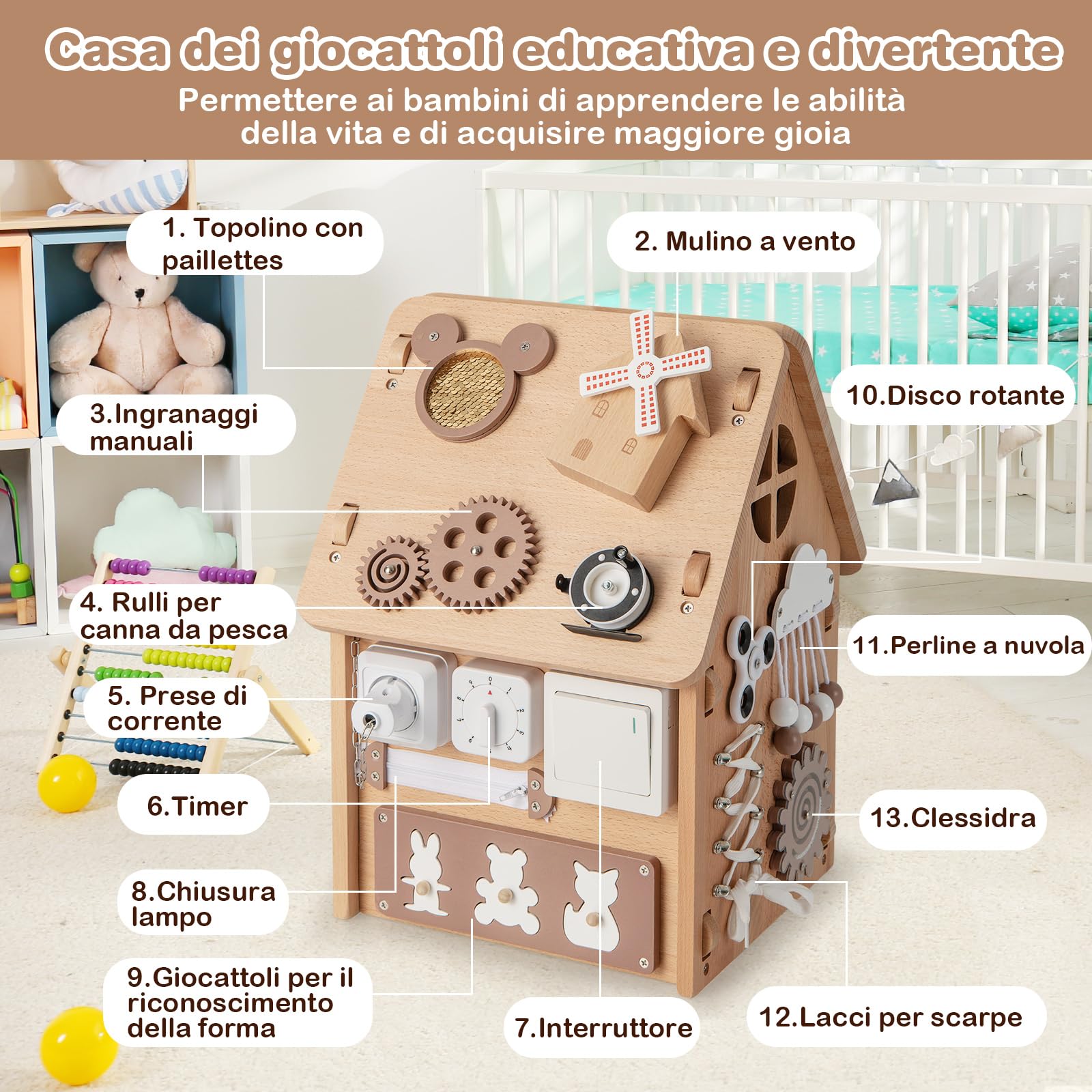 COSTWAY Occupato Montessori per Bambini in Legno, Casetta Giocattolo Piccola con Giochi Sensoriali e Vano Interno, Giochi Montessori per Motricità Fine, per Bambini 3 Anni+
