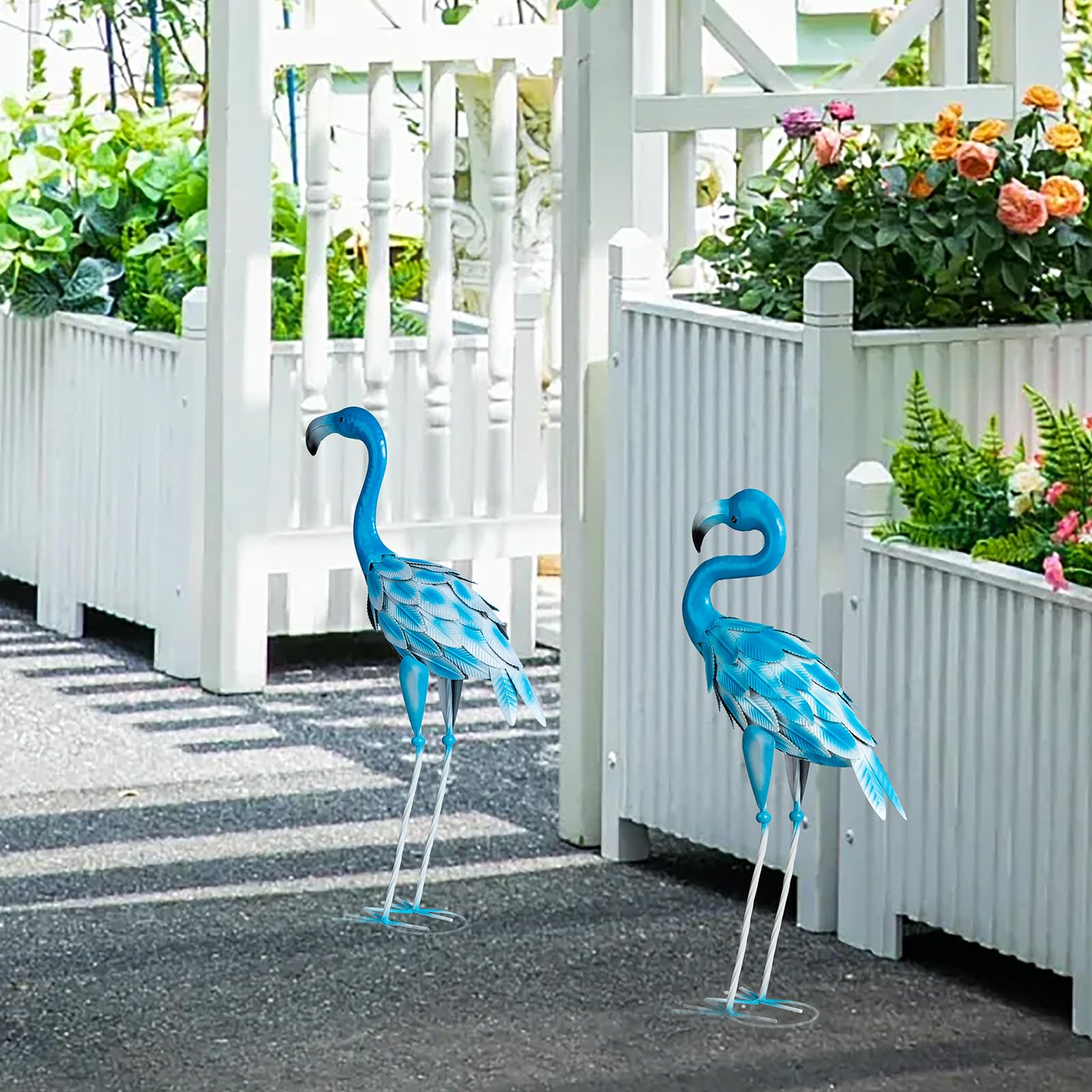 2 pezzi blu fenicottero yard statue artistiche, metallo fenicottero sculture da giardino per esterni, casa, terrazza, prato, cortile