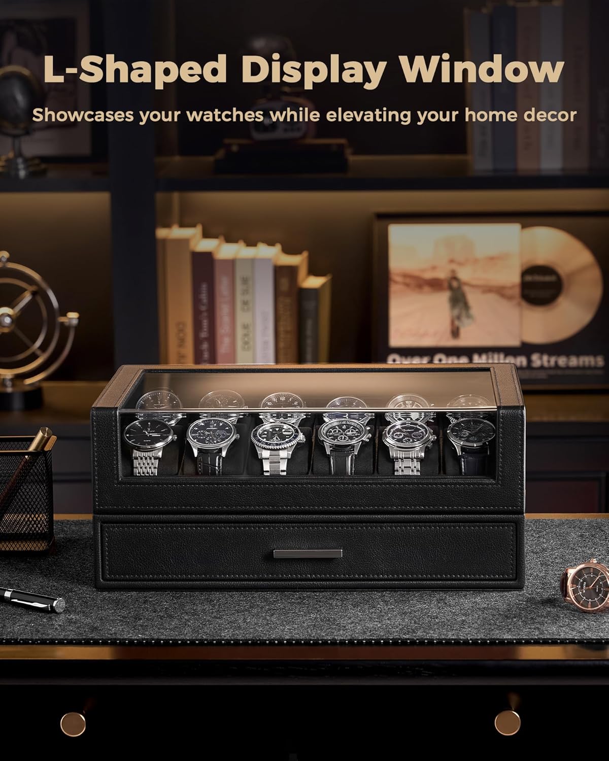 ProCase Watch Box for Men, 12 Slots Watch Display Holder with Clear Acrylic Top, Large Capacity PU Leather Case with Drawer Organizer, Jewelry Storage, Ideal Gift for Men Women -Black
