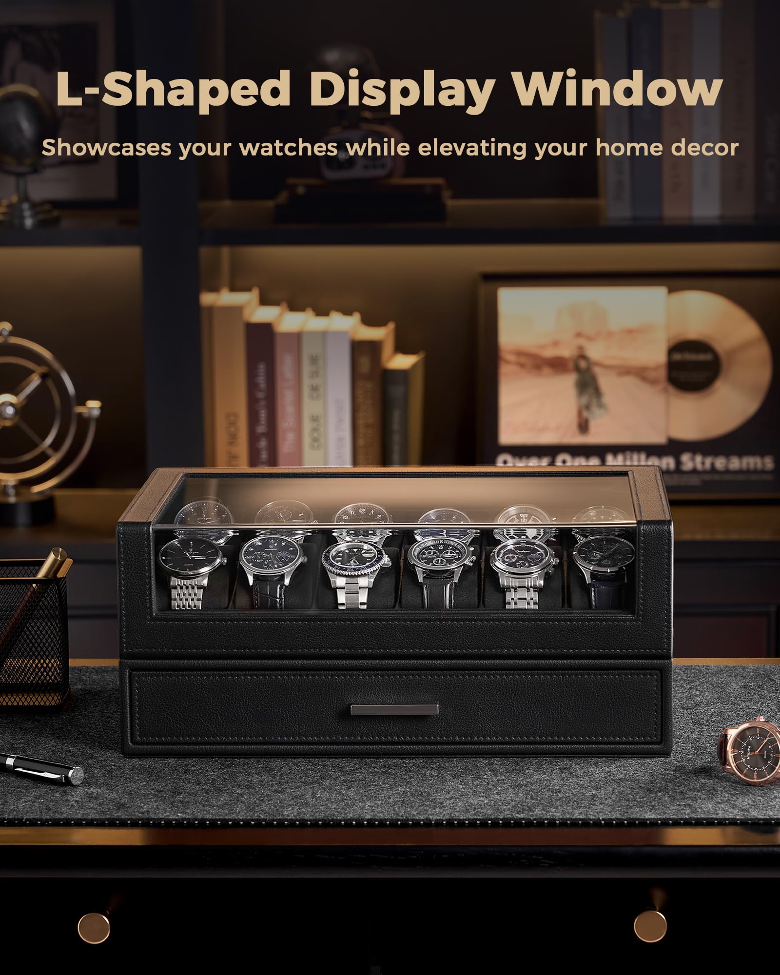 Coffret à montres pour homme, présentoir à 12 emplacements avec couvercle en acrylique transparent, étui en cuir PU grande capacité avec tiroir de rangement, rangement pour bijoux, cadeau id