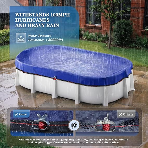 UIRWAY Upgraded 18x34 ft Oval Pool Cover- 200gsm Heavy Duty Fabric Pool Cover for Above Ground Pools, Extra Thick & Durable, Cold and UV Resistant, Includes Winch and Cable Set