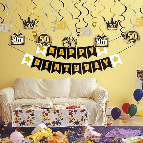 Miniatura 381 de LINGTEER Happy 65th Birthday Decorations Set - 12Pcs Black & Gold Swirls Streamer,Happy Birthday Bunting Banner,Cheers to 65 Years Old Bday Party