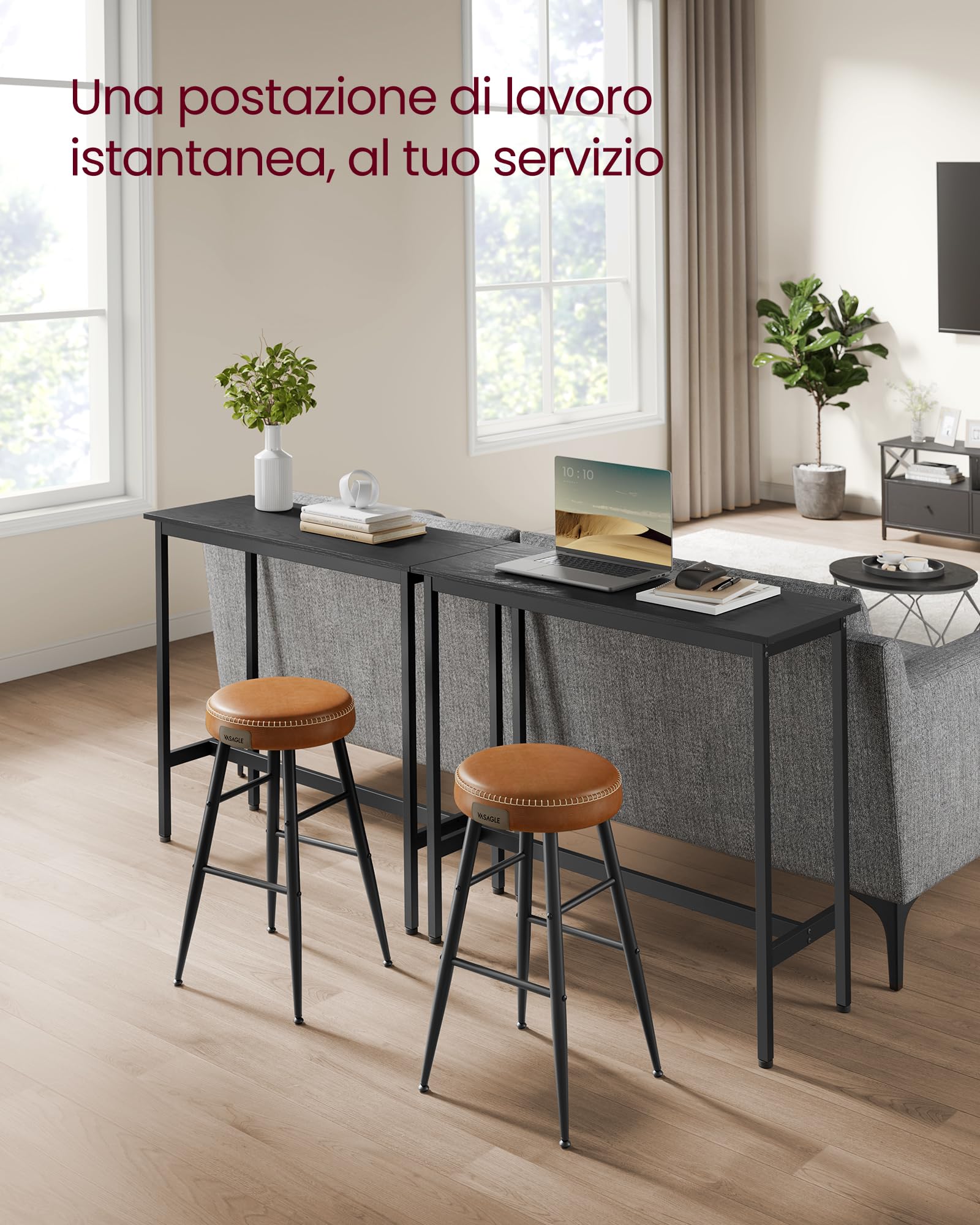 VASAGLE Bar Rettangolare Stretto, Cucina, Tavolo da Pranzo, Telaio in Metallo, 40 x 100 x 90 cm, Facile da Montare, Design Industriale, Ebano e Nero Inchiostro LBT010B56, Black, 100 x 40 x 90 cm