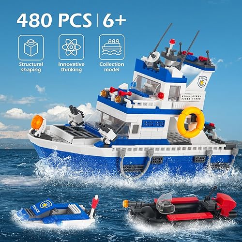 Miniatura 2 de Vziimo Juego de bloques de construcción de botes de rescate de patrulla de policía de la ciudad, barco de guardia costera genial con juguetes de