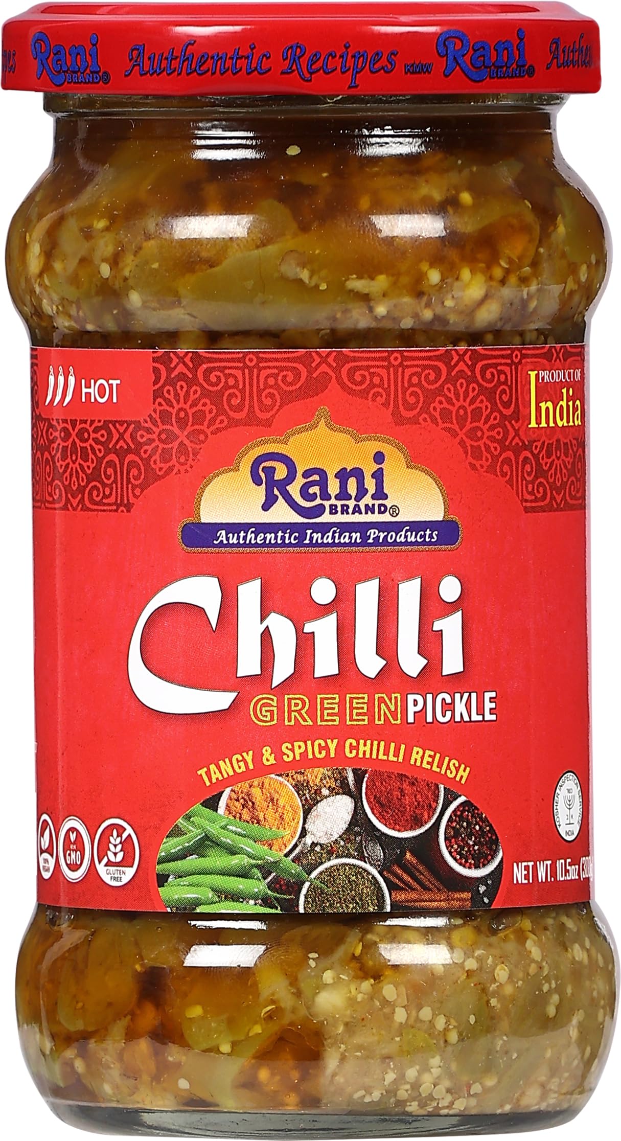 Rani Green Chilli Pickle Hot (Achar, Spicy Indian Relish) 10.5oz (300g) Glass Jar ~ Vegan | Gluten Free | NON-GMO | Kosher | No Colors | Popular Indian Condiment, Indian Origin