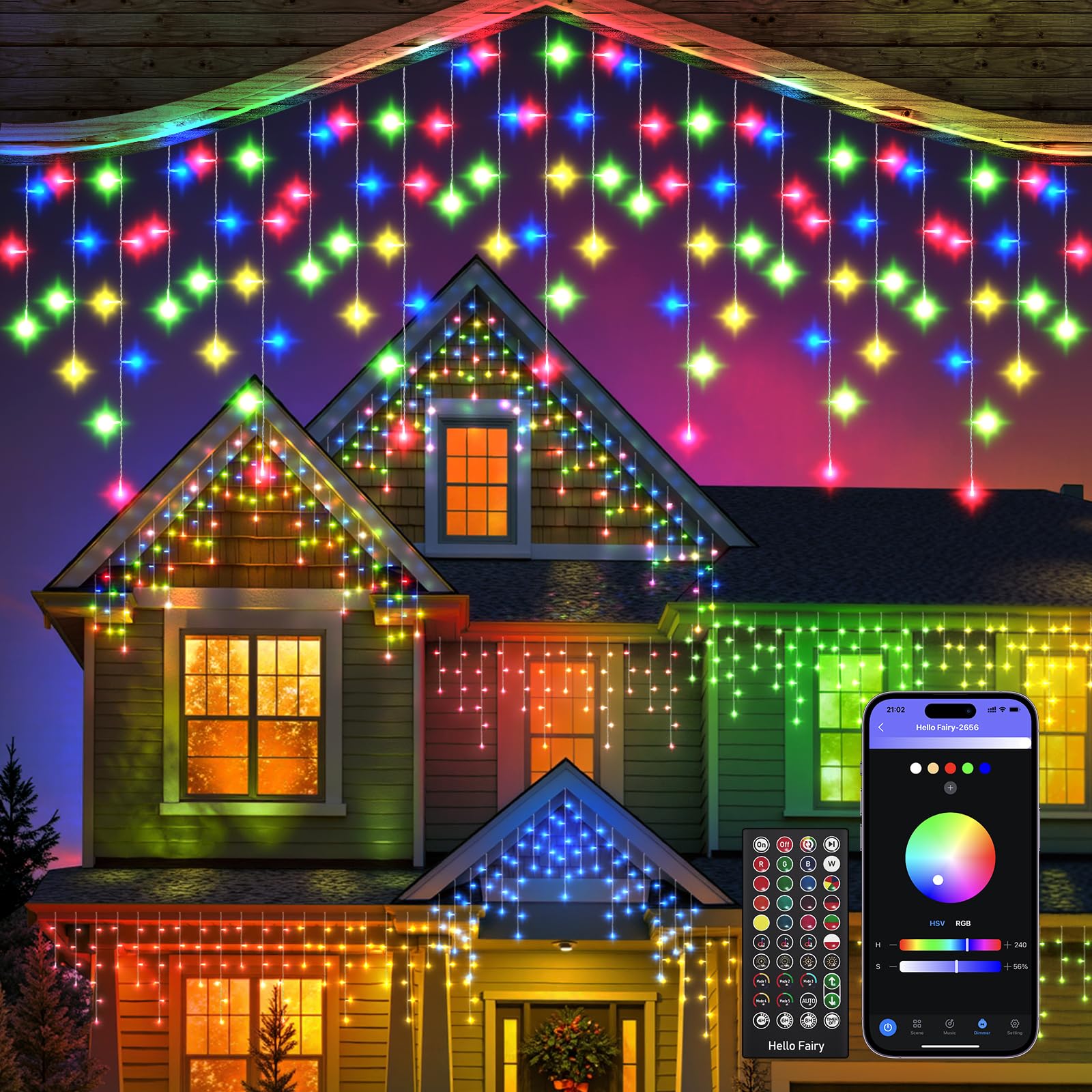 REYLAX 10M Icicle Outdoor Christmas Lights 299 LEDs, RGB Colour Changing, DIY, 105 Scenes, Music Sync, Timing