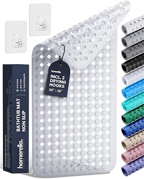 Bathtub Mat Non Slip 35x16 - homerella Bath Mat Incl. Hooks for Drying, Extra Long, 100% BPA Free, Shower Mat Non Slip Anti Mold, Machine Washable, Shower Mats for Inside Shower Mildew Resistant