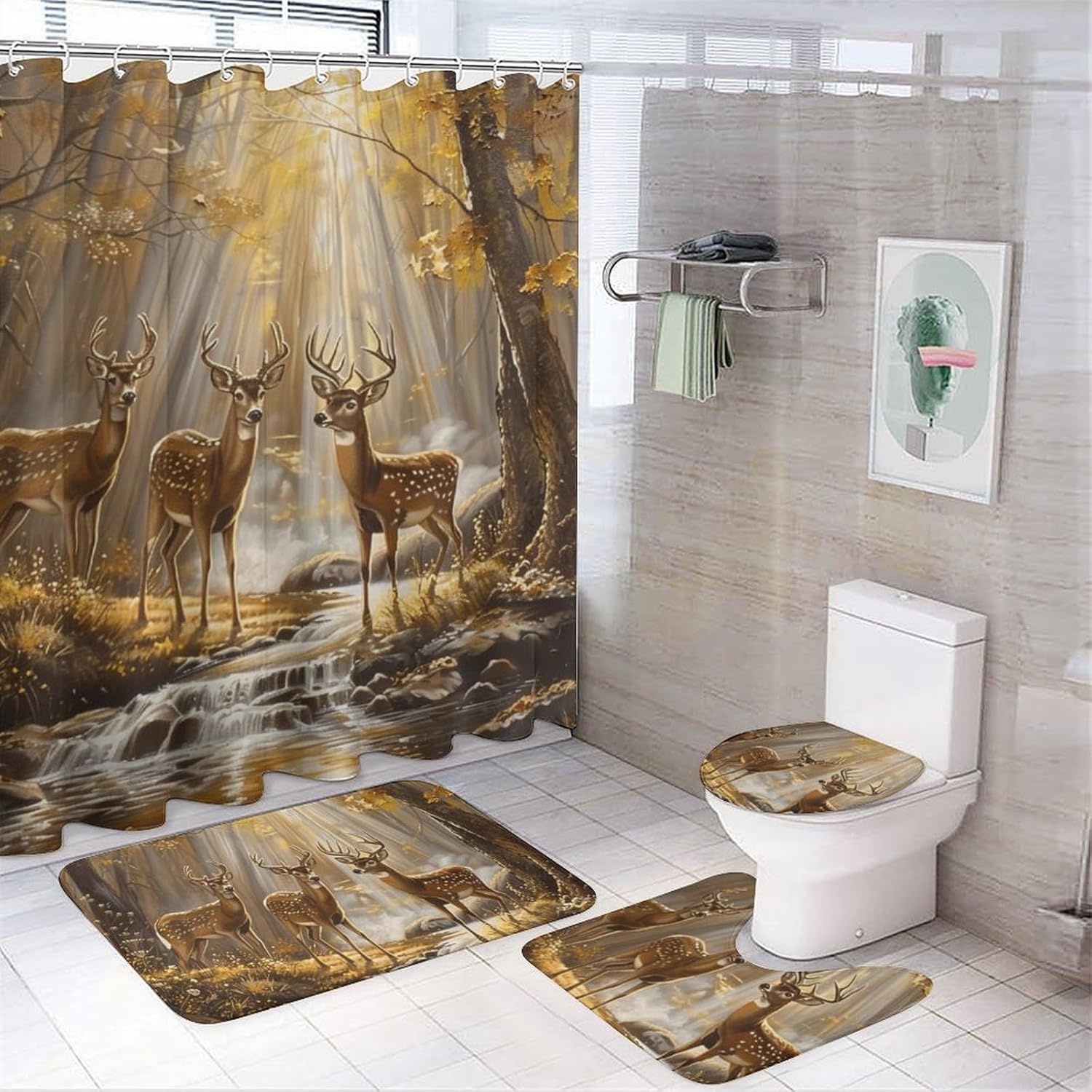 Hunt Deers Hunting Autumn Forests Bathroom Sets with Shower Curtain and Rugs 4 Piece with U-Shaped Floor Mat Toilet Lid Cover