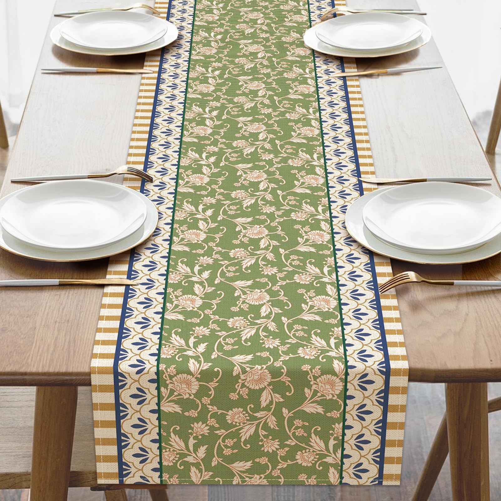 Vintage Floral Dining Table Runner, Retro Flower Plants Pastoral Burlap Kitchen Decoration, Spring Summer Botanical Indoor Outdoor Home Decor Party Supply 13 x 72 Inches