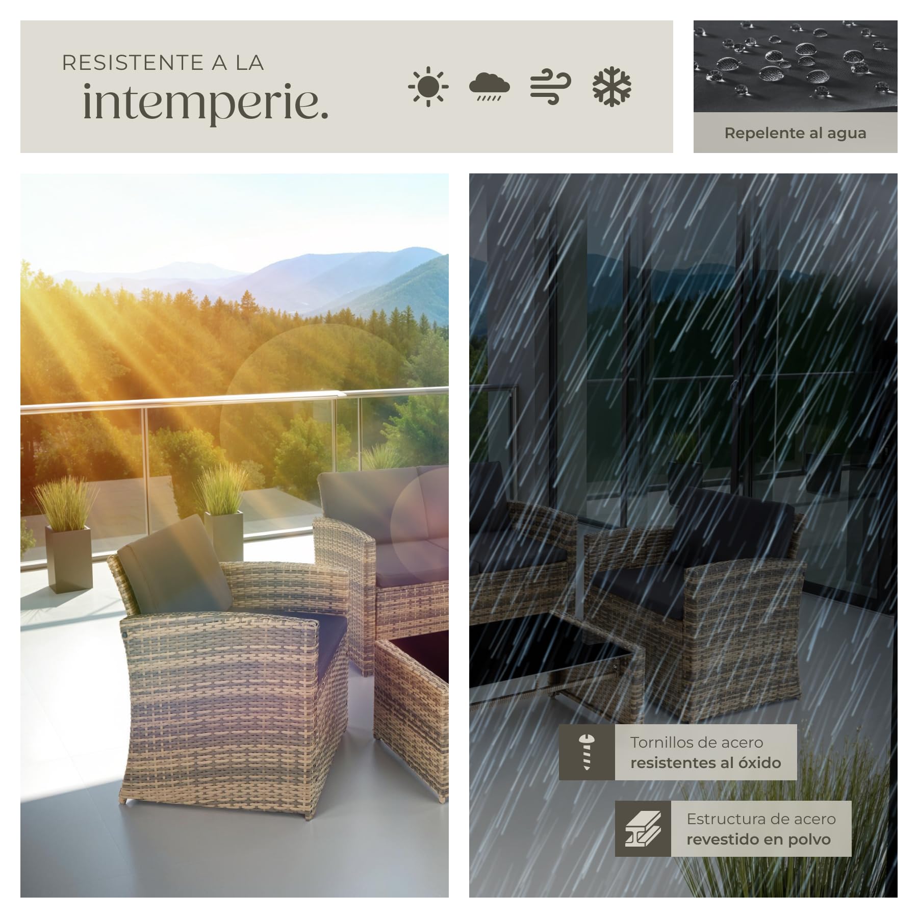 tectake® Conjunto Jardín de Ratán y Acero, Muebles Jardín Exterior, 2 Sillones 1 Sofá 1 Mesa con Cristal, Conjunto Terraza Resistente a Intemperie, con Cojines, Fundas Extraíbles - natural/gris oscuro