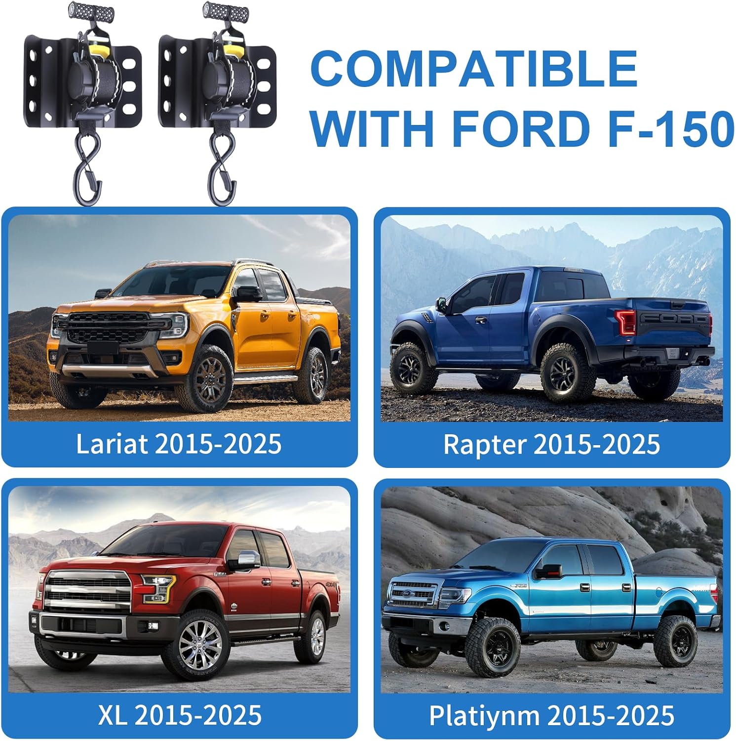 Retractable Ratchet Straps, 2PCS Self Retracting Ratchet Straps Tie Down Anchors Box Link Cleats for F250/F350/F450/F550 Super Duty Truck Bed Accessories(1,500lb Break Strength)