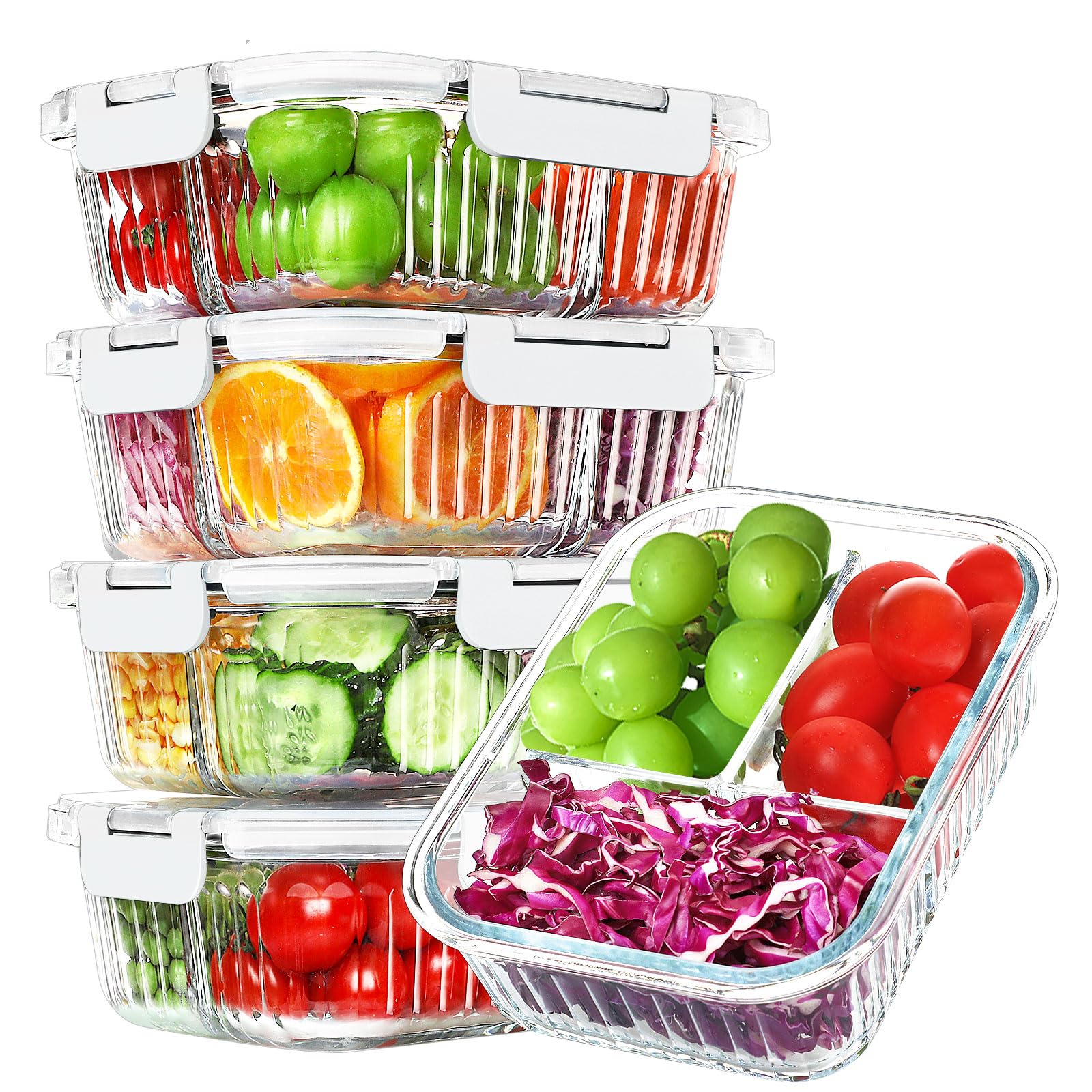 KOMUEE Glass Meal Prep Containers 3 Compartment with lids, 5 Pack 36 oz, Airtight Food Storage Glass Lunch Bento Box, Dishwasher and Microwave Safe,White