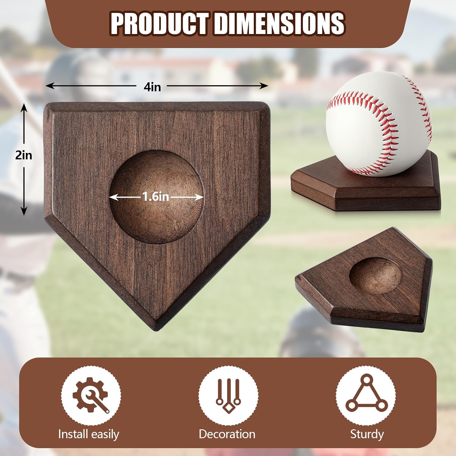 Thyle 3 Pack Baseball Stand Holders, Wooden Ball Holder Display Home Plate Shape Baseball Display Stand Decor Autographed Ball & Memorabilia Decorative Rack Holder Tables Ideal Gifts (Black Walnut)