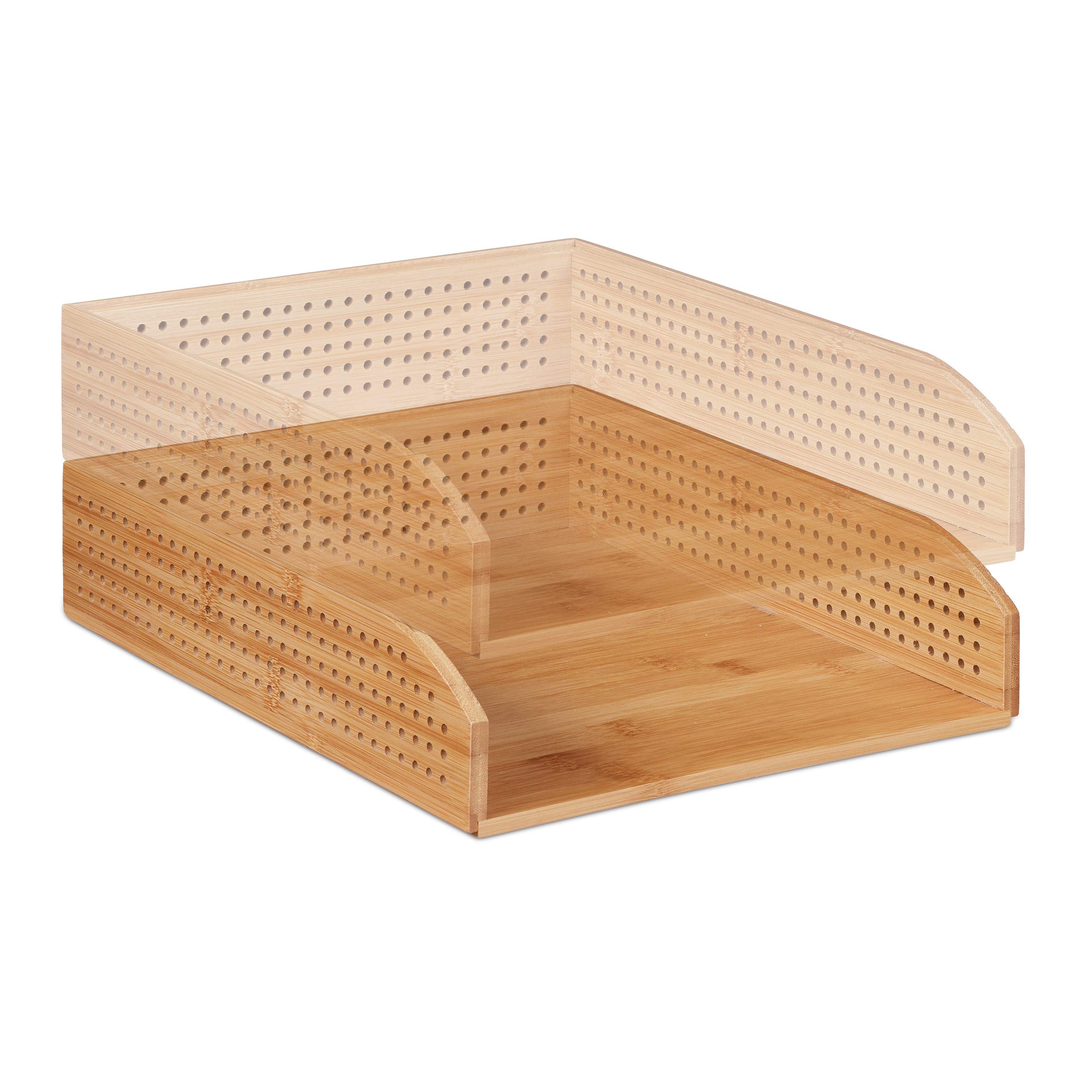 5x Vaschetta Portadocumenti in Bambù Perforato, Impilabile, Formato A4, Scrivania, Ufficio, HLP 7x25x33 cm, Legno