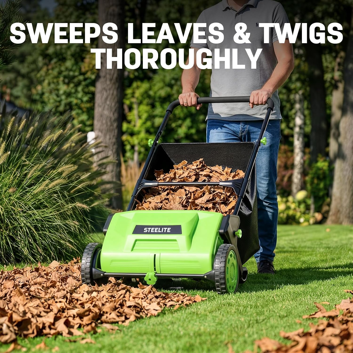 STEELITE 21inch Leaf & Grass Collector, Push Lawn Sweeper for Grass Clippings, Leaves & Debris, Manual Push Yard Sweeper with Height Adjustment & Large Collection Hopper