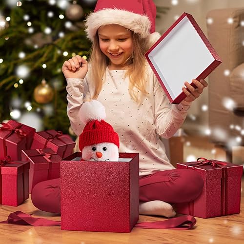 Vista 5 de UNIQOOO Juego de 5 cajas de regalo de Navidad con purpurina roja con tapa, tamaño surtido, cajas cuadradas anidadas de recuerdo de boda, caja