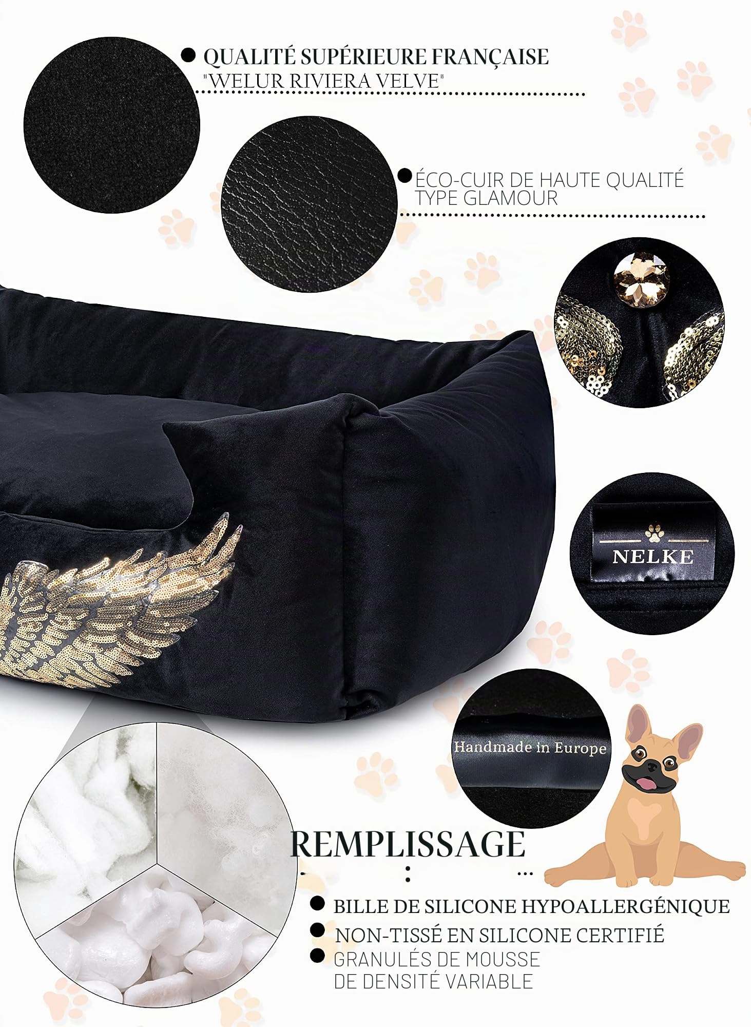 NELKE Lit pour chien, style glamour, canapé pour chien, noir avec ailes dorées, canapé de luxe pour chiens de petite et moyenne taille, coussin lavable