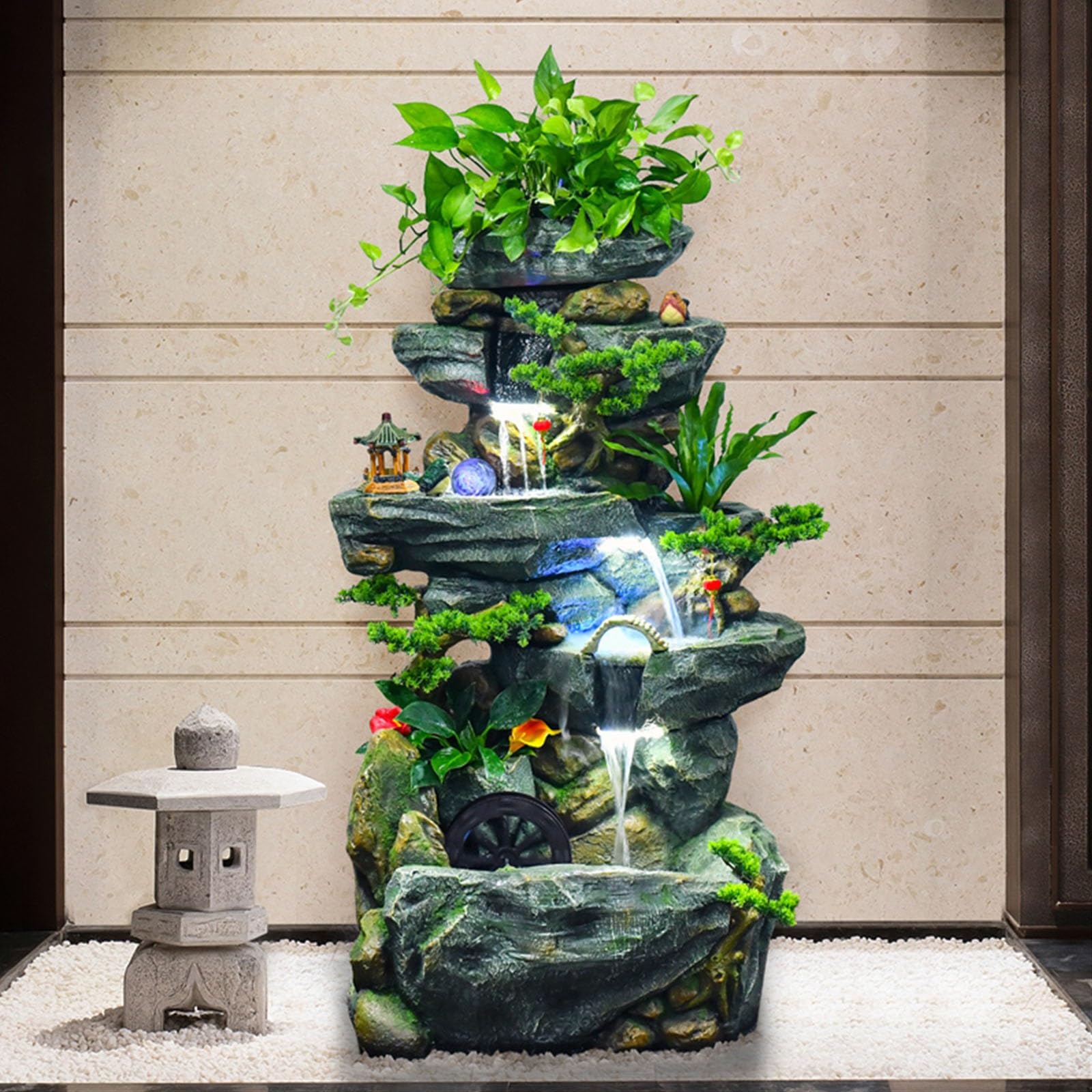 Fuente de Suelo de pie para Sala de Estar, Fuente de Agua Grande de pie con decoración de Fuente, Rueda Feng Shui y rocalla for Sala de Estar, Oficina y jardín, Fuente del jardín(Medio)