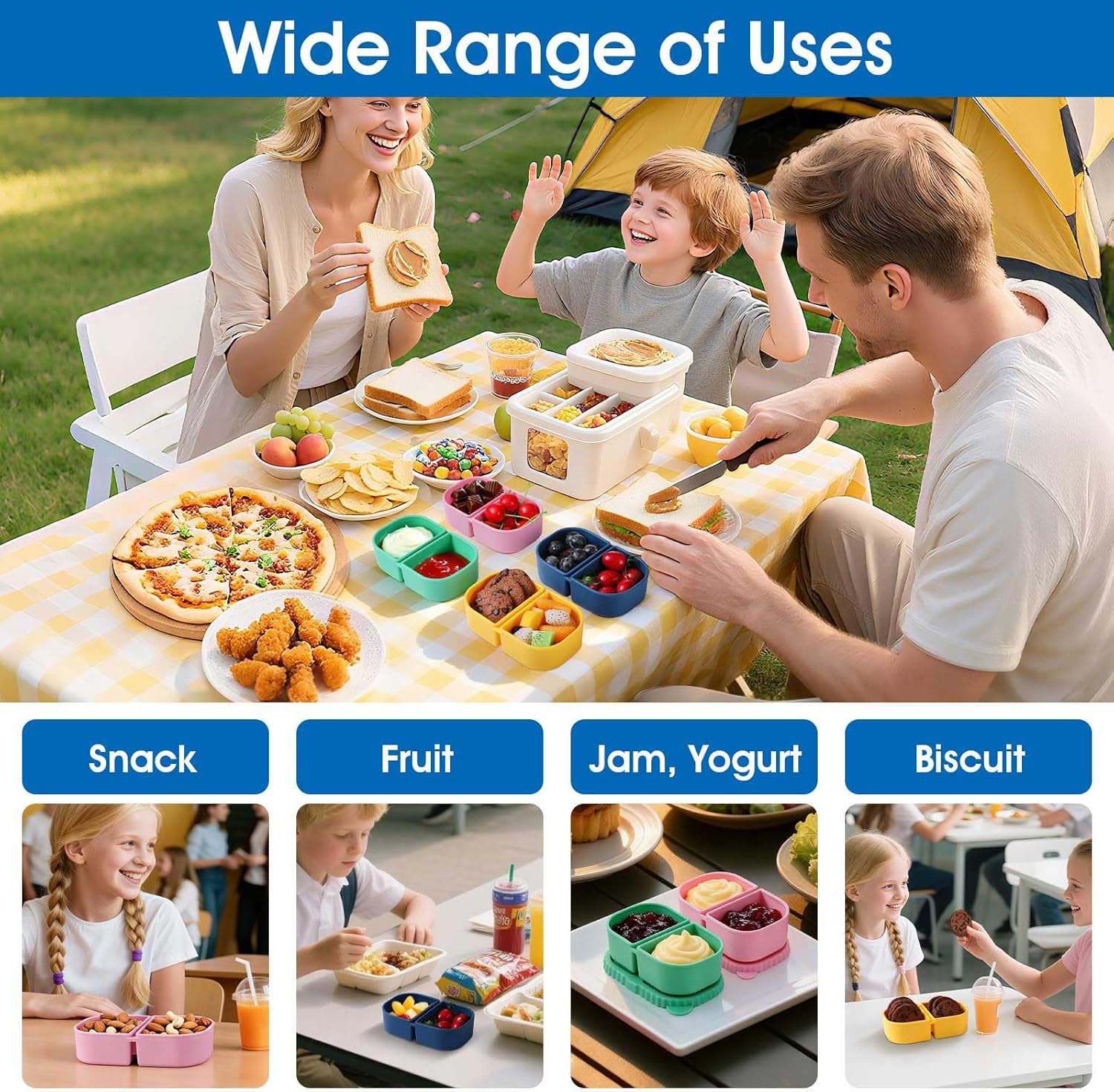 4 pack Silicone Reusable Snack Containers with Lids - Double Compartment Snackle Box for Portion Control & Travel - BPA-Free Mini Containers for Kids, Office, Picnic - Image 6