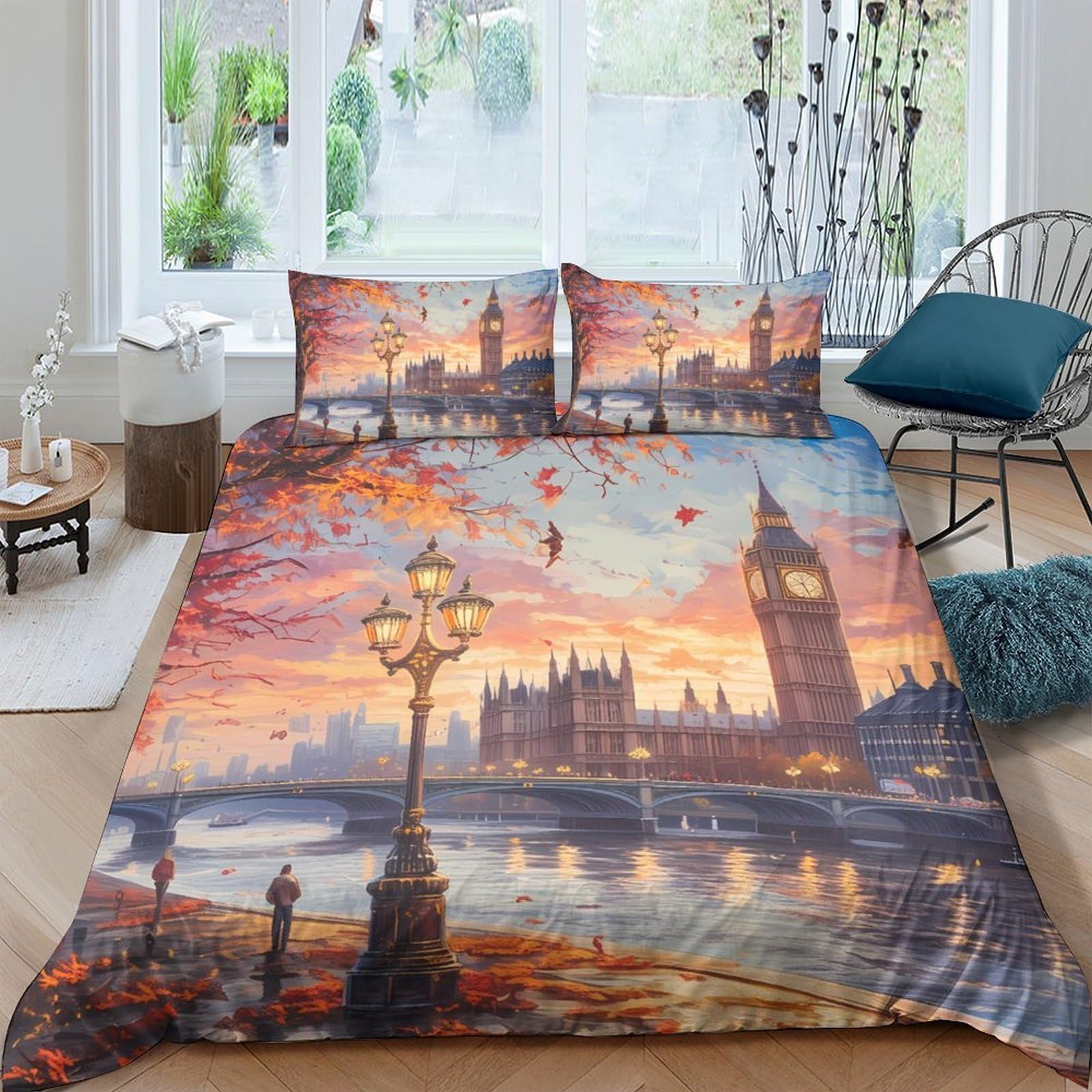 Ctjqhvkz Style-3 3D Printed Sunset London Fitted Sheet Microfiber Soft Breathable Big Ben Mattress Cover For Bedroom Decor Single（135X200cm）