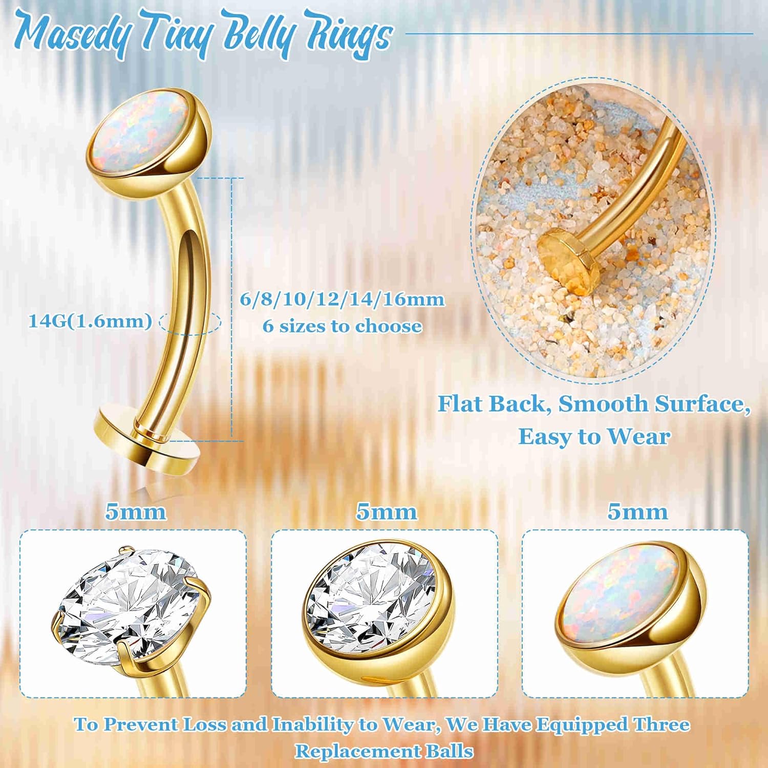 3PCS 14G Surgical Steel Floating Belly Button Ring for Women Petite Belly Rings CZ Opal Flat Back Small Navel Ring with 3PCS Replacement Balls Internally Threaded Tiny Belly Piercing 6-16MM - Image 2