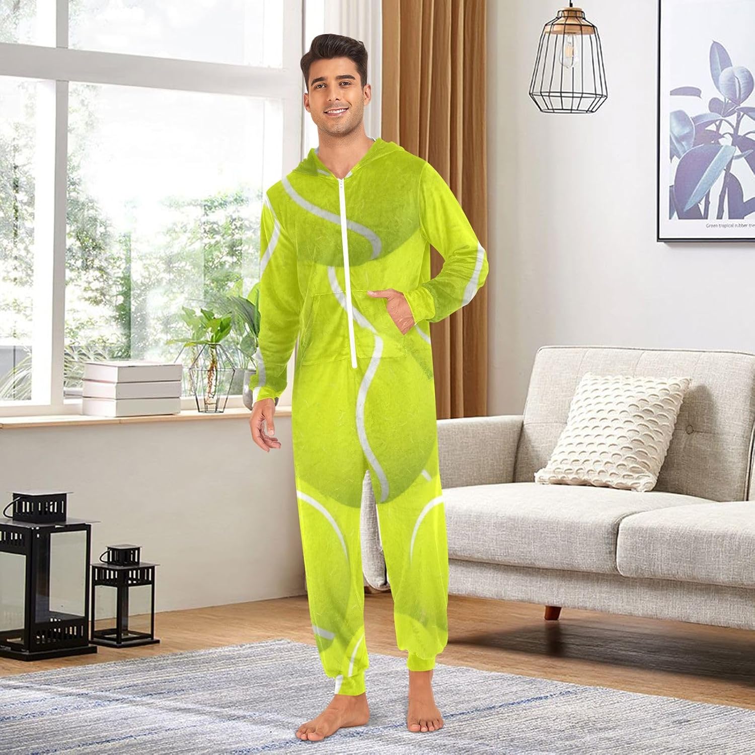 GAIREG Tennis Ball Green Women's Men's One-piece Pajamas, Men Women House Wear