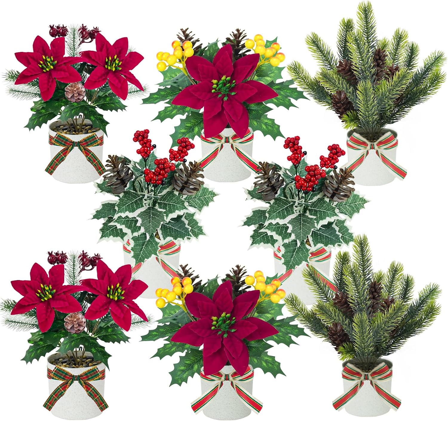 Uieke 8 Pack Small Christmas Fake Potted Plants Tabletop Mini Christmas Centerpiece Indoor for Winter Floral Arrangements Home Wedding Office Mantel Shelf Xmas Decor