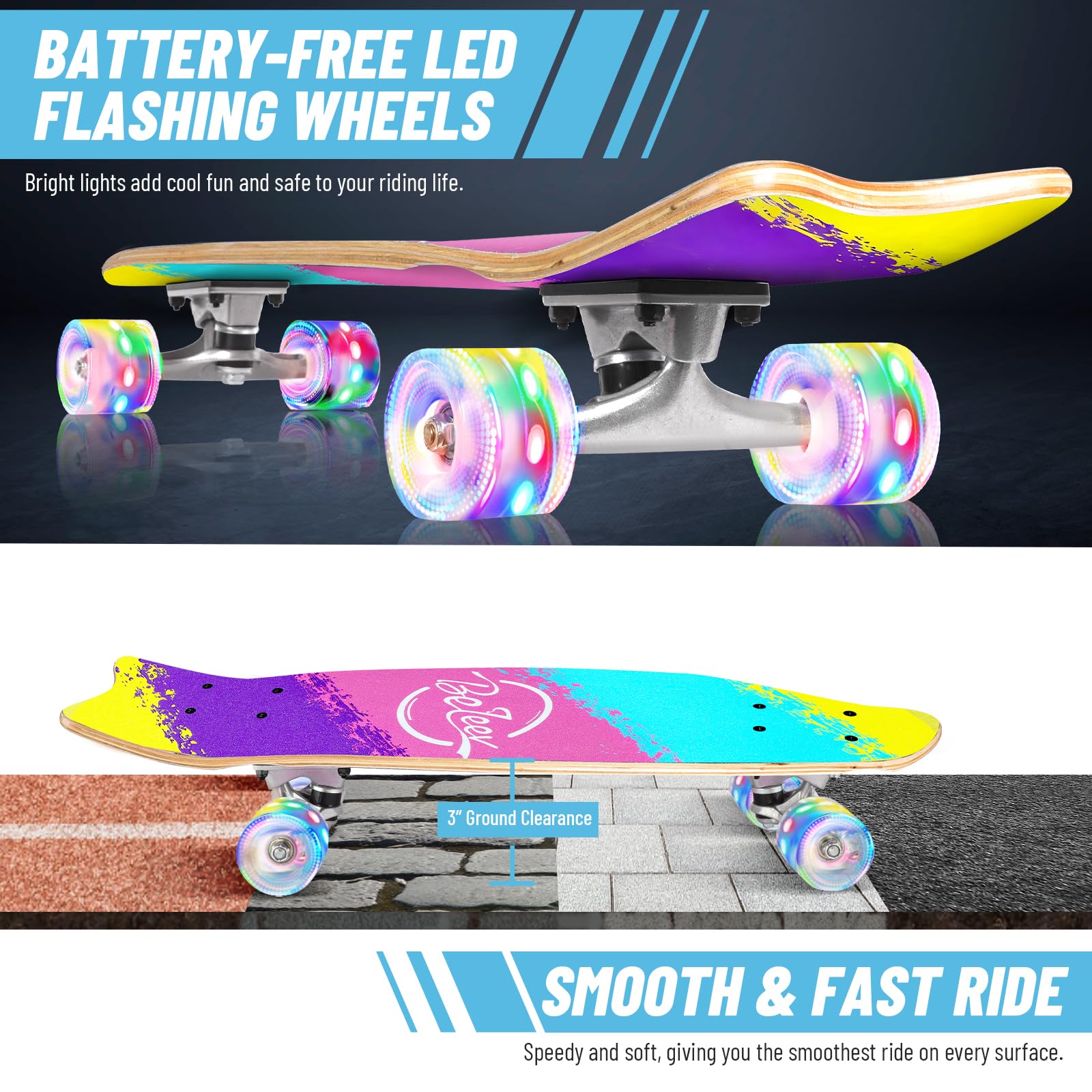 BELEEV Cruiser Skateboards para Principiantes, monopatín Completo de 27 x 8 Pulgadas para niños, Adolescentes y Adultos con Ruedas LED, 7 Capas de Arce Canadiense Doble Patada cóncava con Herramienta