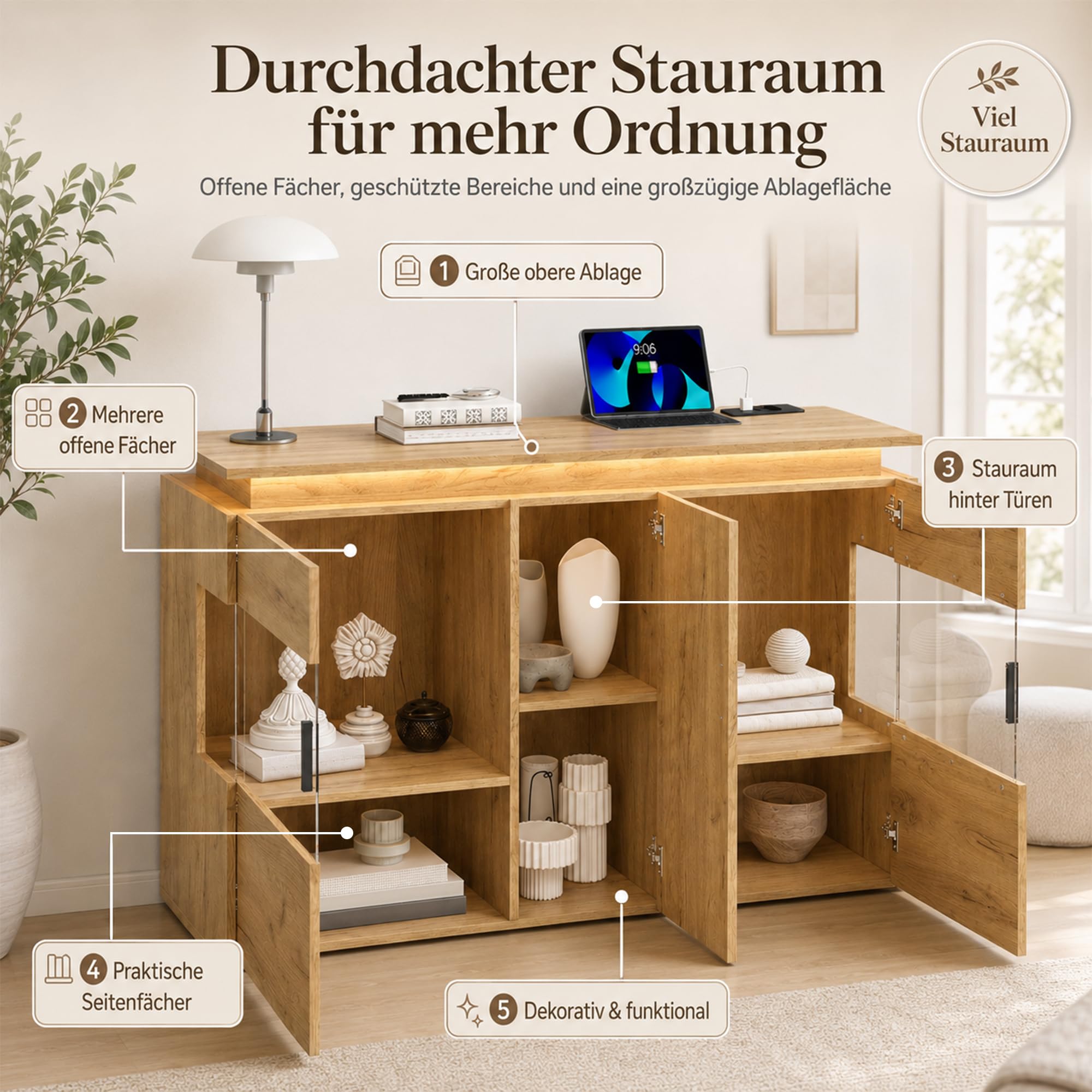 Buffet avec LED et Prises Meuble de Rangement 120 cm Chêne Clair