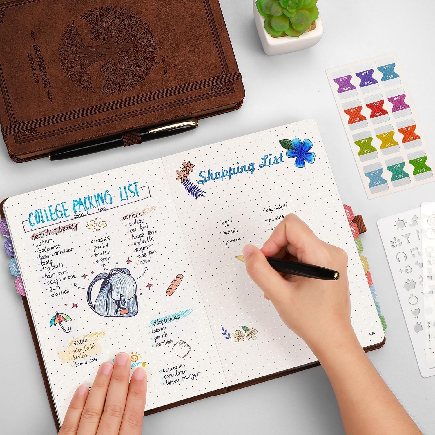 RETTACY Notatnik A5 w kropki, skórzana twarda okładka – 320 stron Bullet Dot Grid Journal, papier 100 g/m², bez przebijania, wewnętrzna kieszeń na bullet journaling/szkice, 14,5 x 21 cm, brązowy