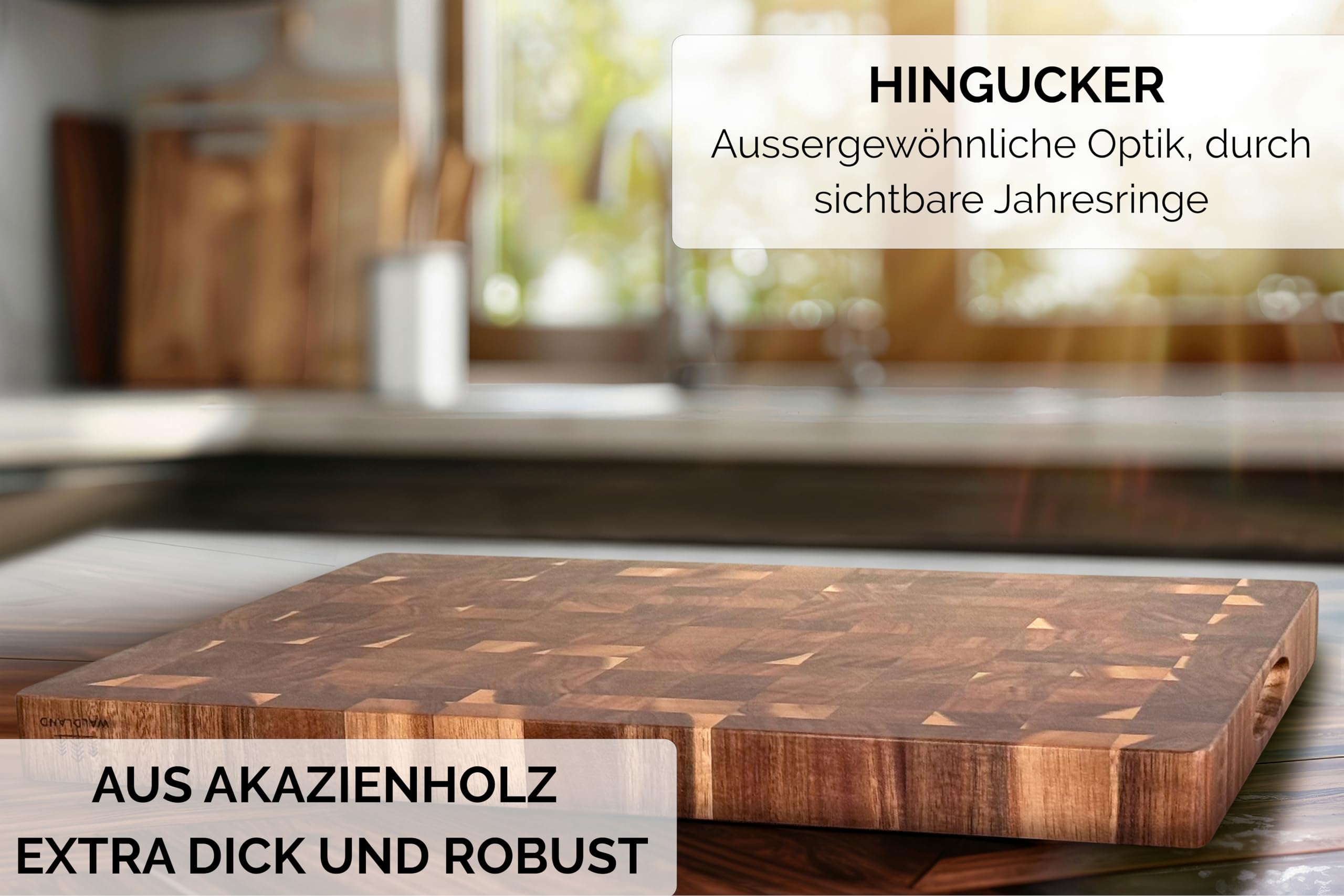 WALDLAND Premium Schneidebrett Holz Groß 40 x 30 x 3 cm I aus robustem Akazienholz I Holzbrett Küche I dickes Schneidebrett mit Saftrille I Stirnholz I Hirnholz (Packung mit 2)