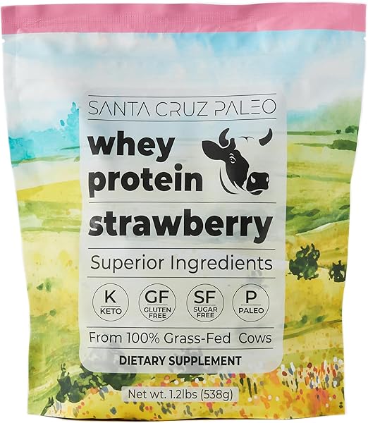 Santa Cruz Paleo Whey Protein Powder, Strawberry, 20g Grass Fed Whey Protein Isolate Per Serving, Gluten Free, Keto, Sugar Free, Paleo, Natural, Post Workout Muscle Support, 20 Servings, 1.2lb Bag
