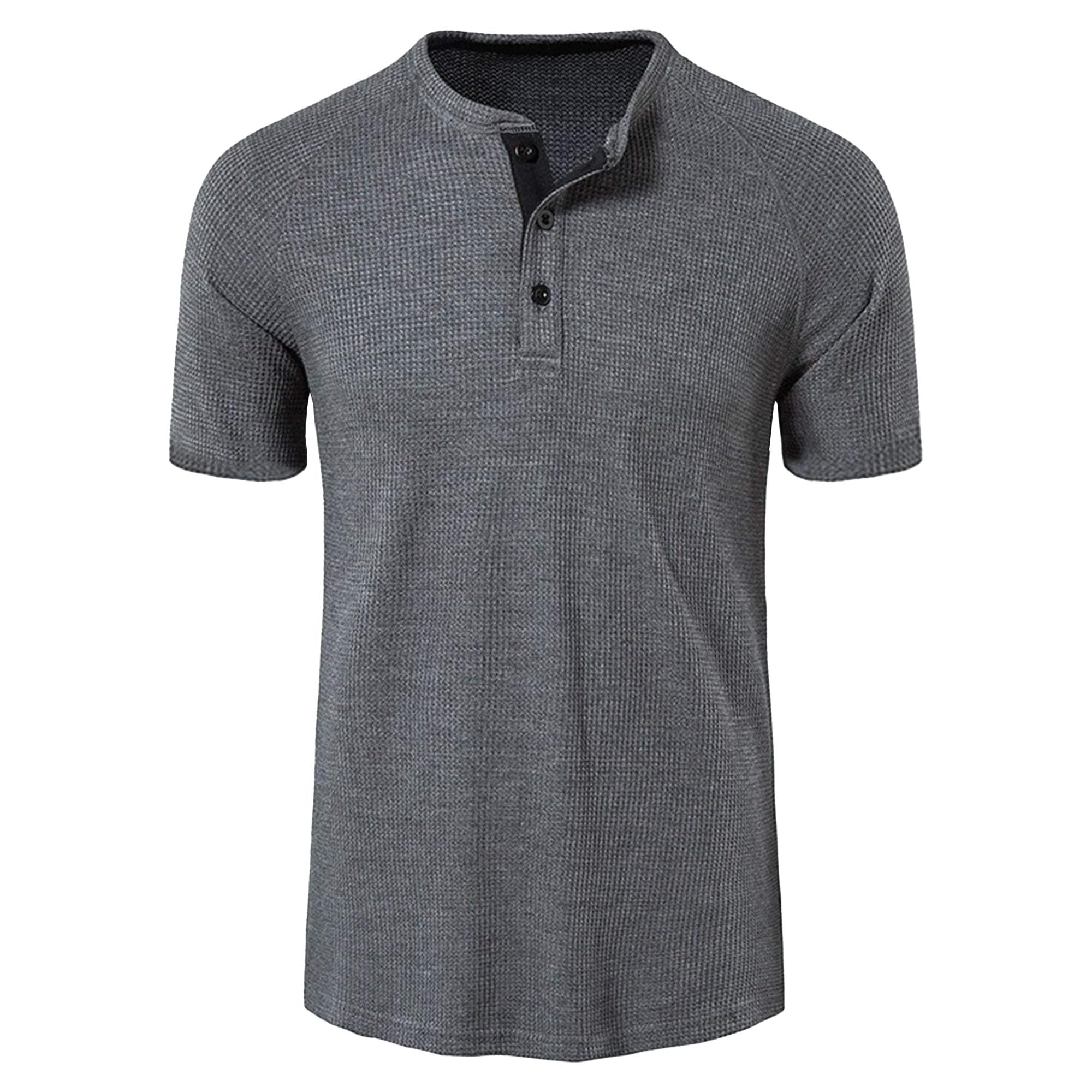 Men Round Neck Short Sleeve Henry Shirt Quarter Button Waffle T Shirt Summer Classic Solid Comfortable Pullover (Grey,Small)
