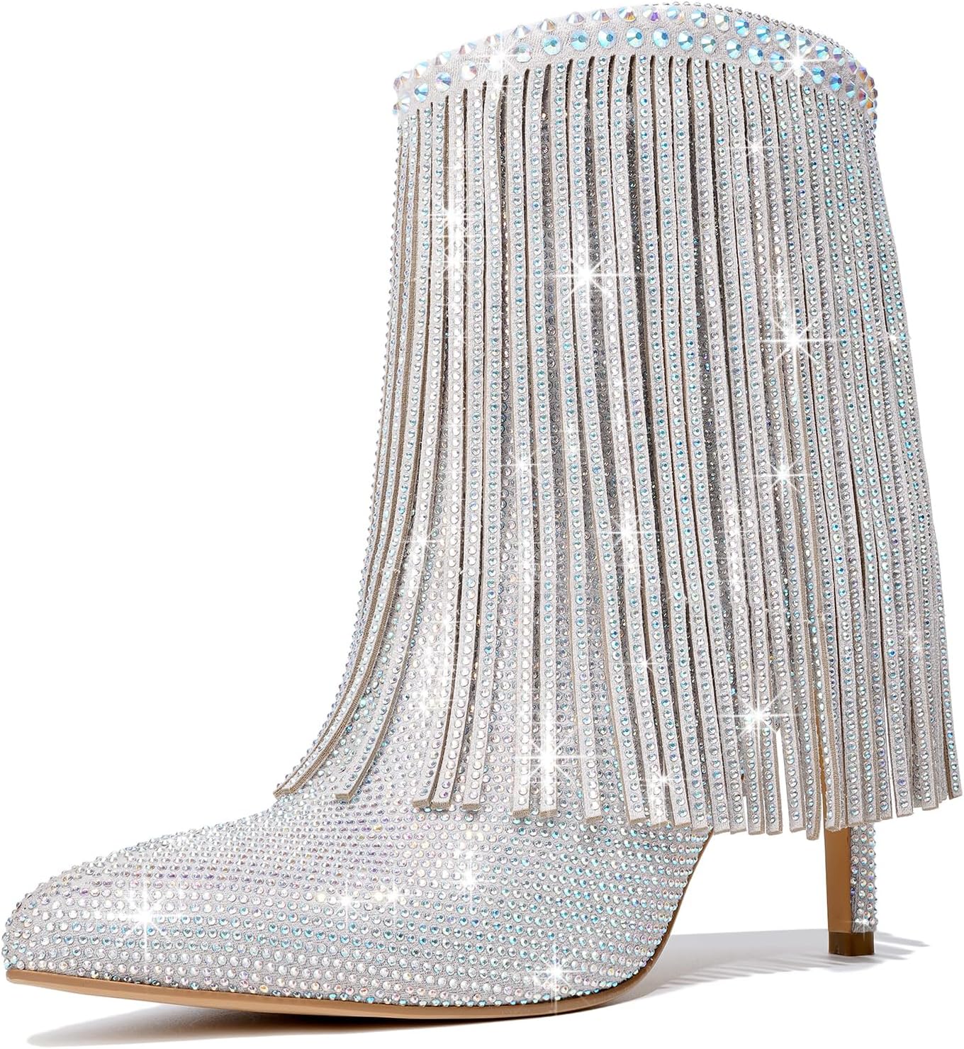 Women's Glitter Rhinestone Ankle Boots Sparkly Fringe Pointed Toe Booties Side Zipper Fashion Party Dressy Stiletto High Heel Boots for Women