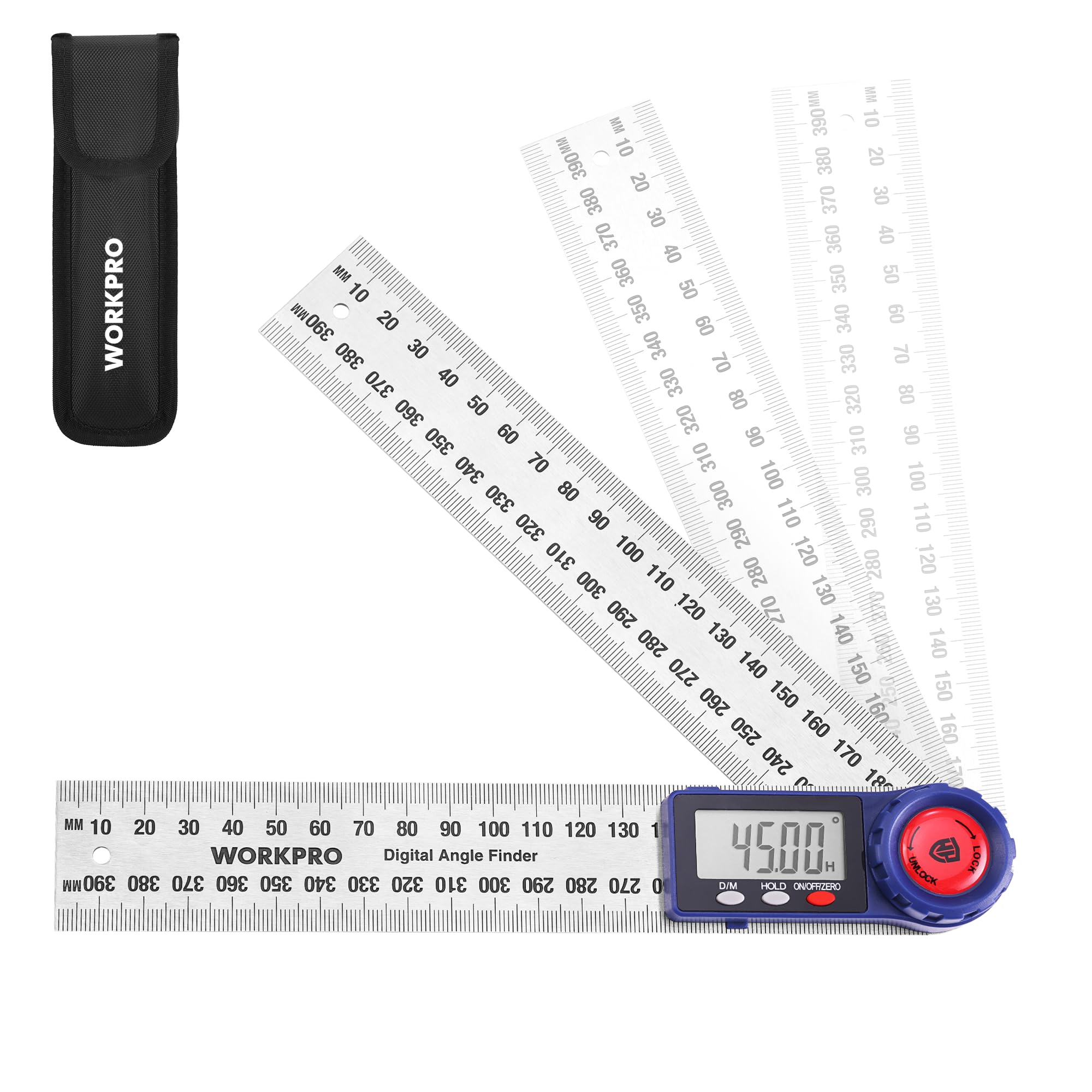 WORKPRO Digital Angle Finder with LCD Display, 400 mm Stainless Steel Angle Measure Tool, 360° Digital Protractor with Lock & Hold Function and Storage Pouch for Woodworking & Construction