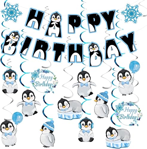 Cartel de feliz cumpleaños de pingüino, decoraciones de fiesta, suministros de fiesta de pingüinos para baby shower, recuerdos de fiesta de