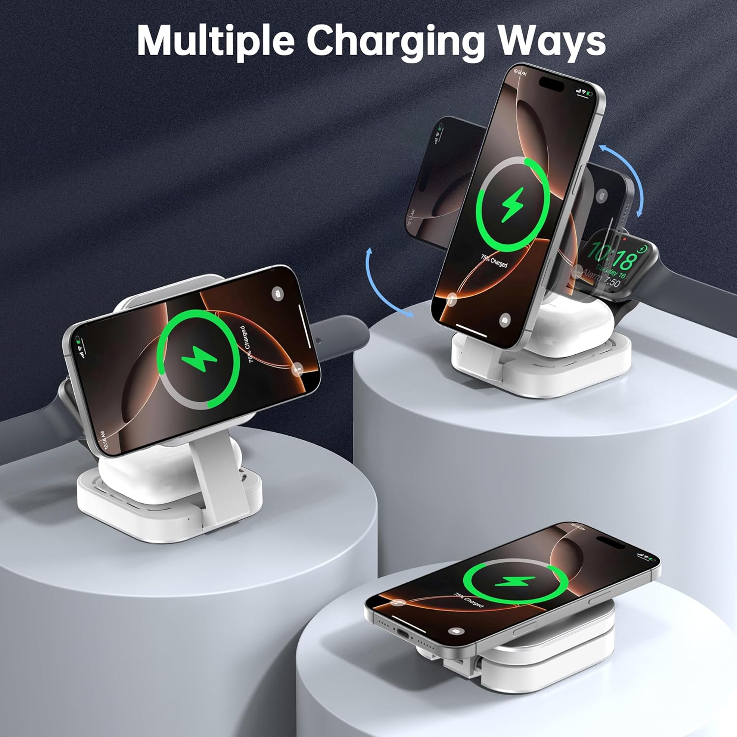 3 in 1 Mini Foldable Charging Station for Apple Devices, Wireless Charger Stand for Magsafe for iPhone 17/Air/16/15/14/13/12 Series, Apple Watch Series, AirPods pro/2/3/4, Gifts for Women Men (Silver)