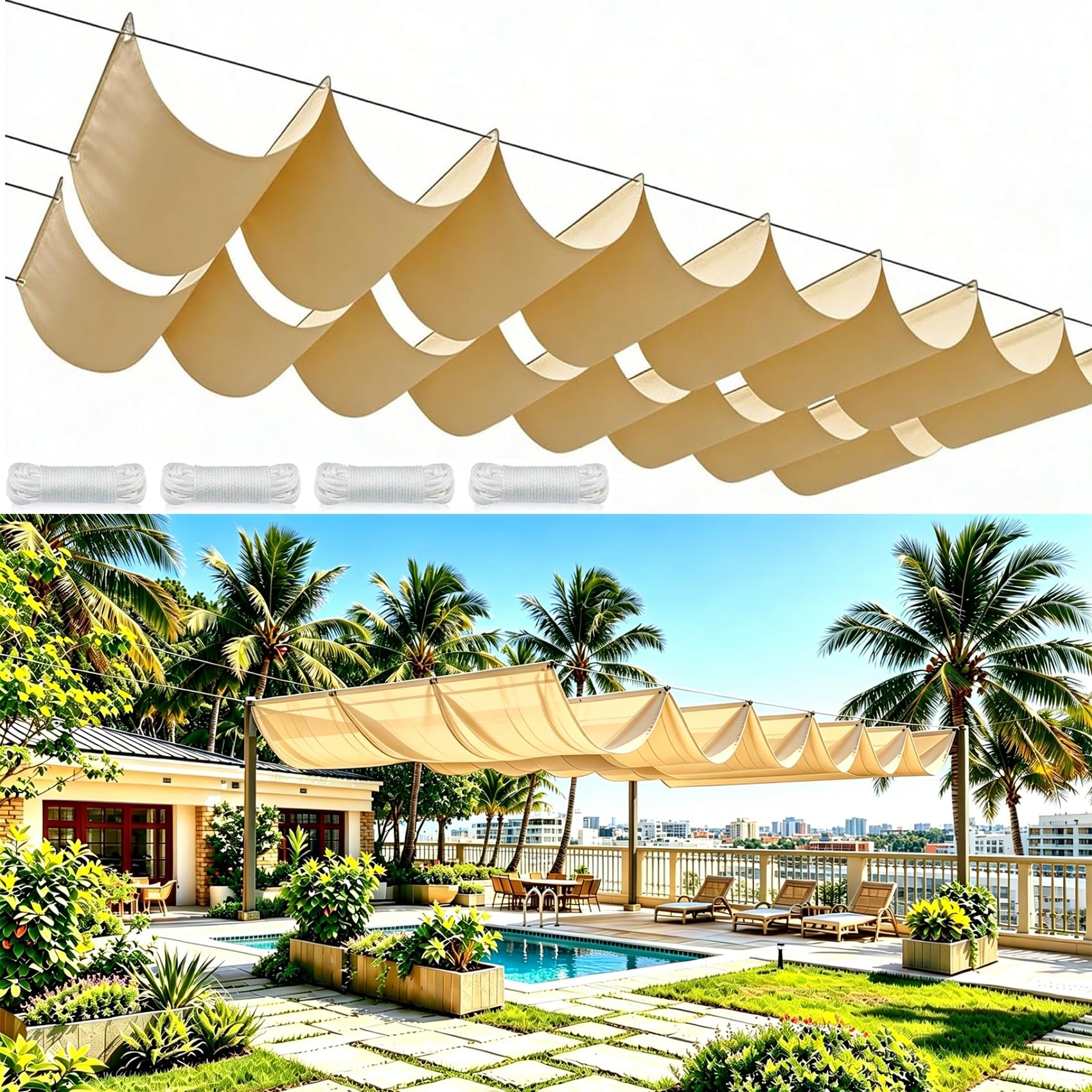 Voile ombrage vague rétractable imperméable et anti-UV 98% pour patio extérieur