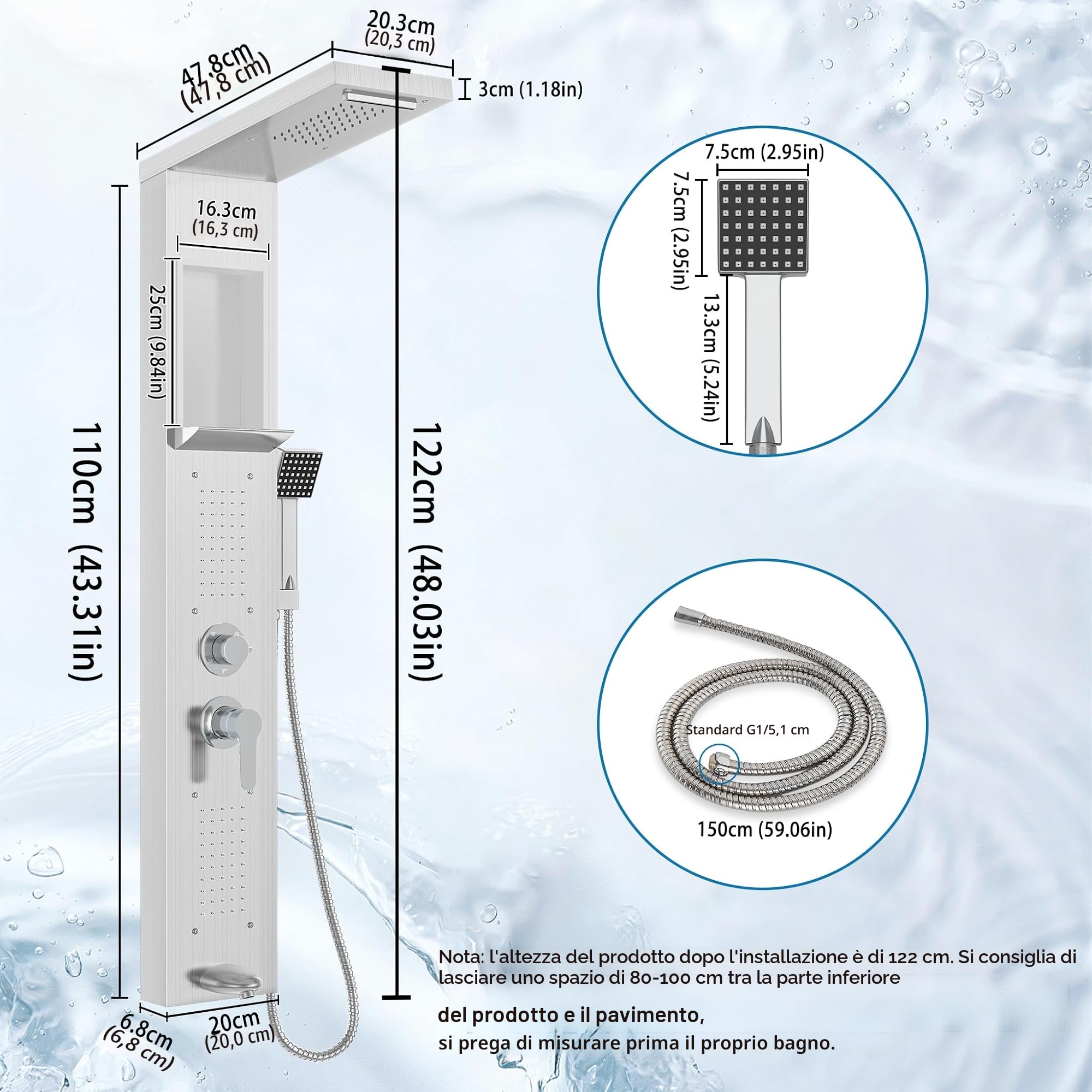 Froadp - Pannello doccia in acciaio inox, sistema doccia a parete con 5 funzioni: doccia a pioggia, con doccetta, doccia massaggiante, doccia a cascata, set doccia completo a colonna (argento)