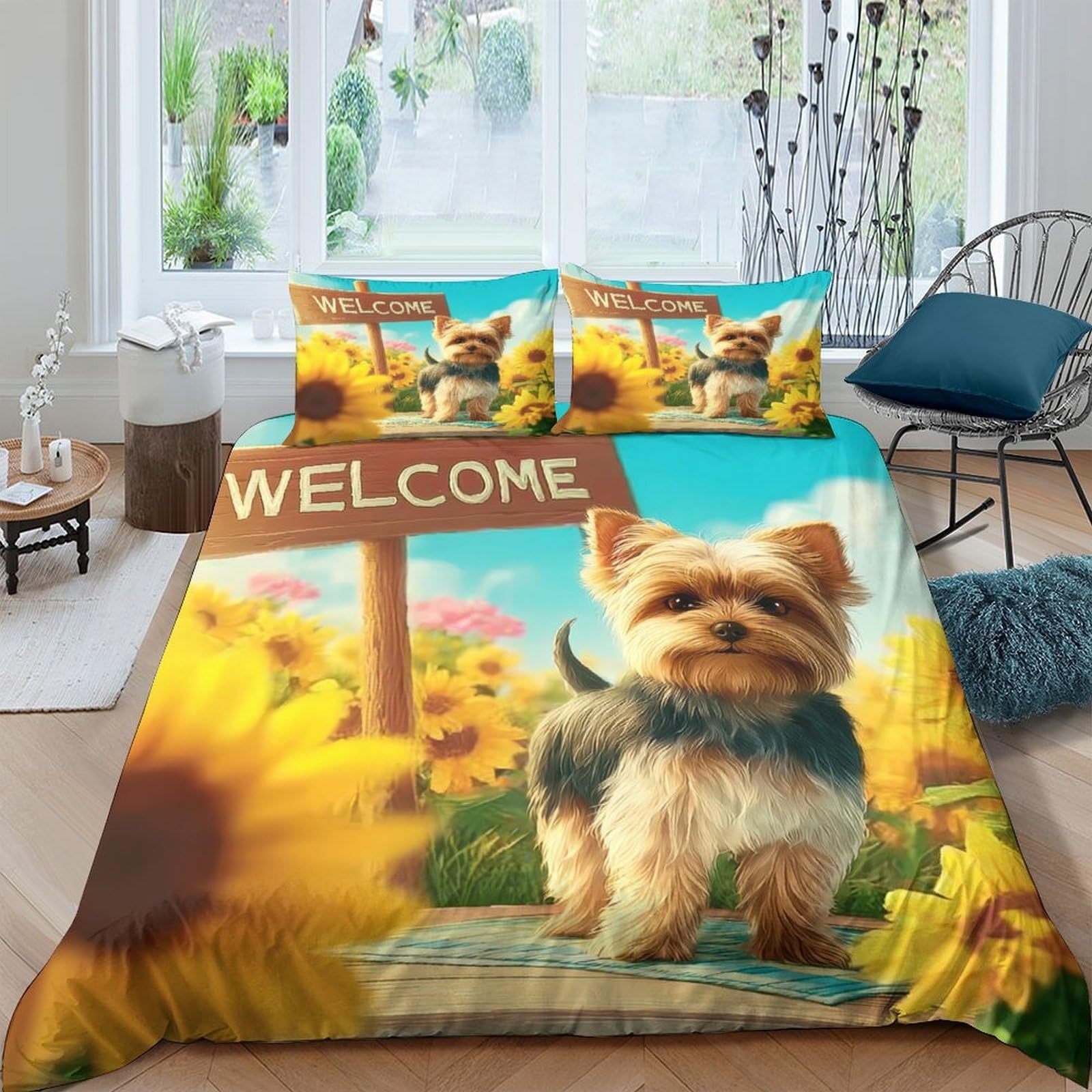 Ctjqhvkz Style-7 3D Printed Sunflower Welcome Fitted Sheet Microfiber Soft Dog Bed Cover Bedroom Dorm Decor Mattress Protector Single（135X200cm）