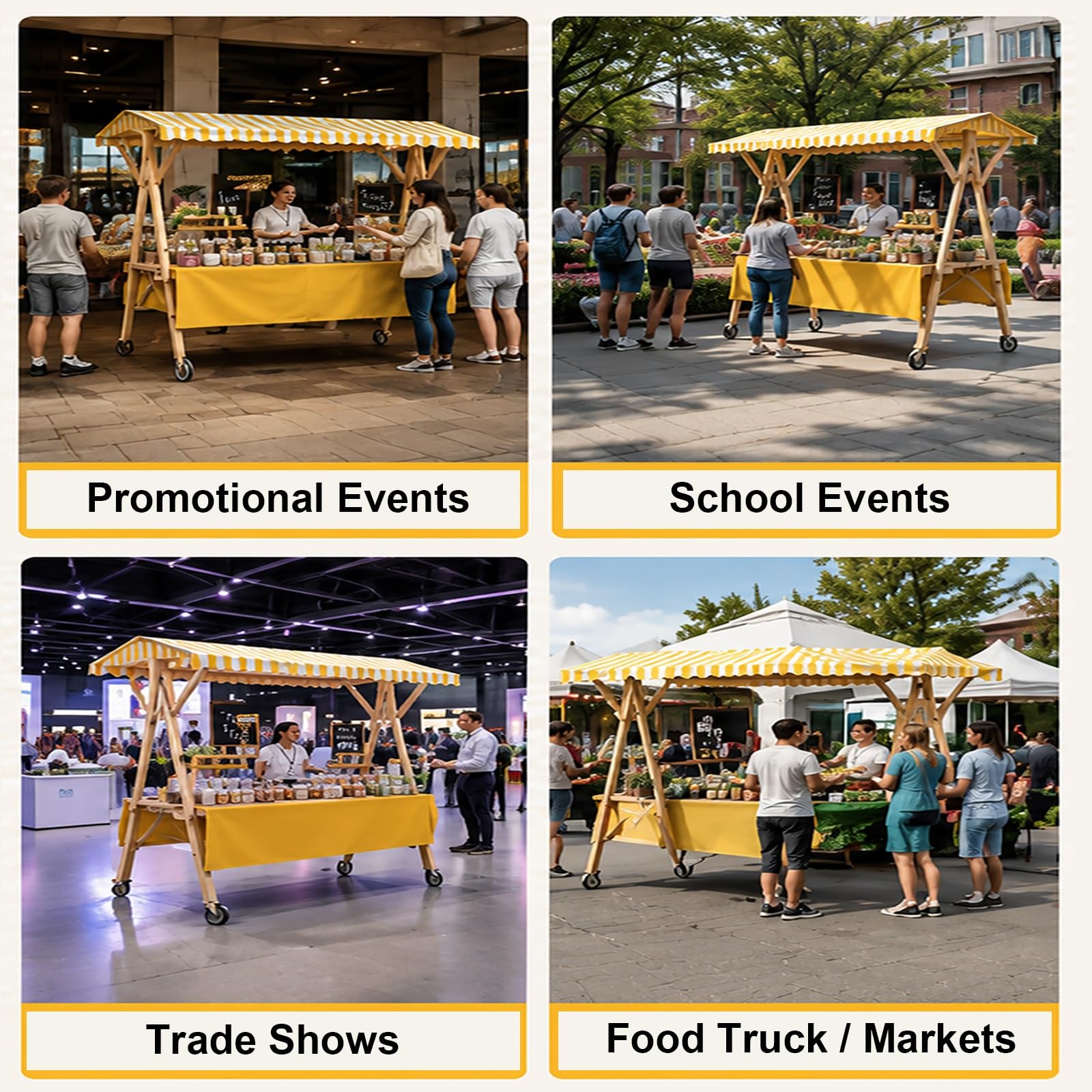 Carrito De Comida Plegable con Toldo, Carrito De Venta para Exteriores con Ruedas, Expositor Portátil, Puesto Comercial para Mercados, Ferias Y Venta Ambulante(Yellow,120cm/47.2in)