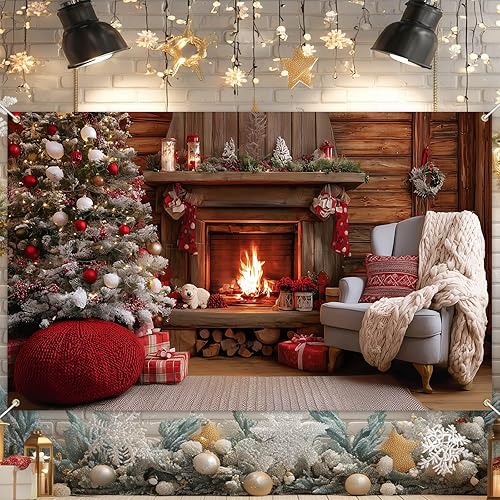 Cartel navideño para chimenea de 71 x 43 pulgadas, acogedor telón de fondo navideño con adornos para árbol de Navidad, fondo cálido fuego para
