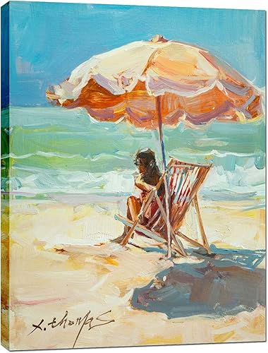 Lienzo decorativo para pared, diseño de mujer en silla bajo un paraguas de playa naranja, imágenes de paisaje marino del océano, ilustraciones para