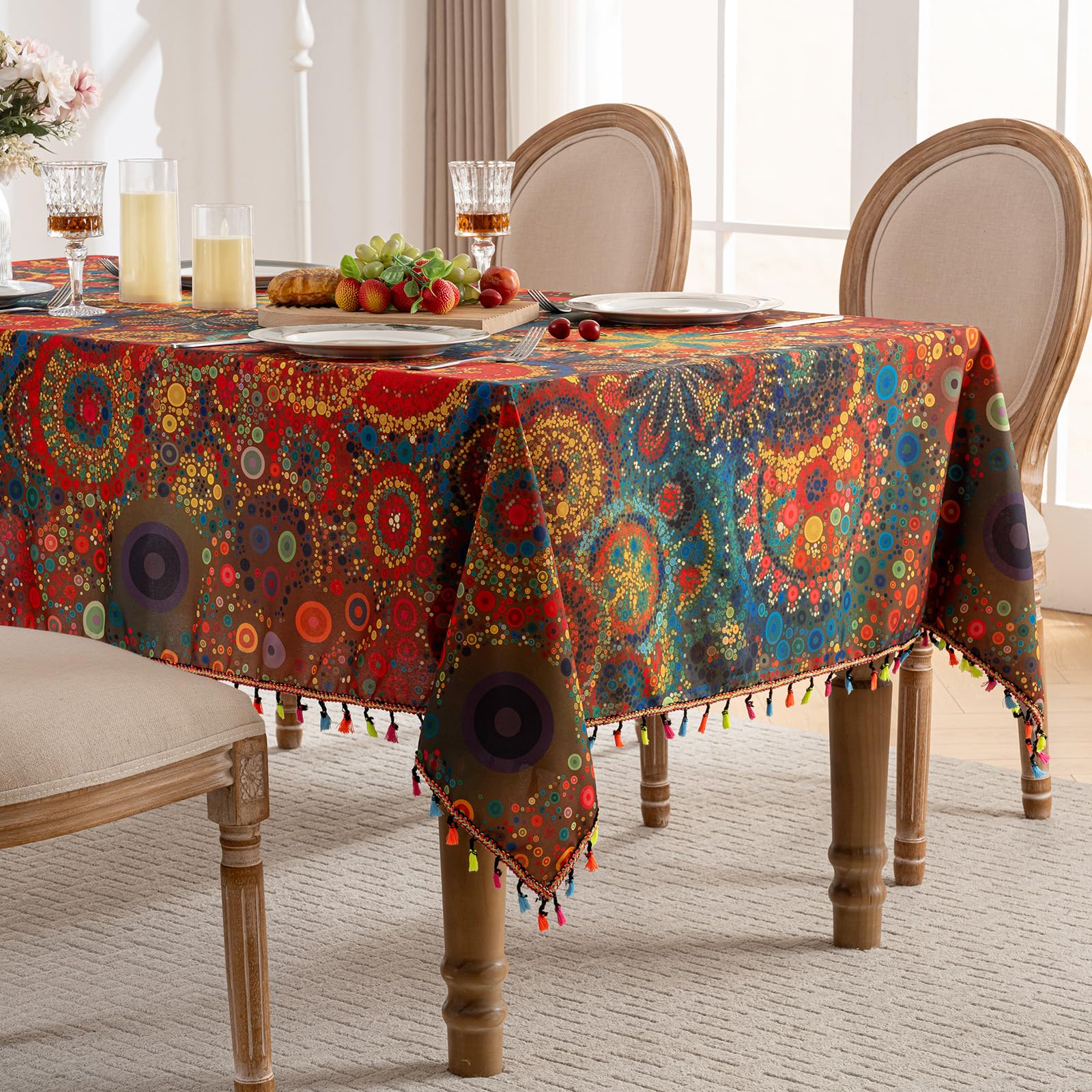 hometrixx Bohemian-style Waterproof Rectangle Tablecloth with Tassel, 150x260cm, Dust-proof Dining Table Cover Kitchen Decor for Indoor Outdoor,Party,Picnics